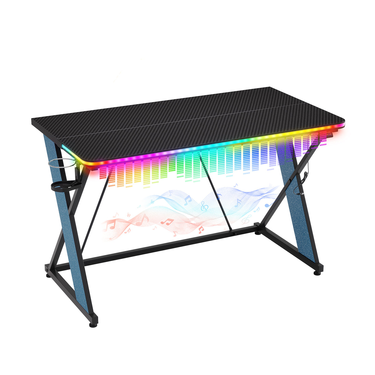 RSPGAME 43" Music Sync Gaming Desk with LED Lights, Gamer Table with Cup Holder & Headphone Hook, X-Shape Home Office PC Computer Desk, Carbon Fiber Black