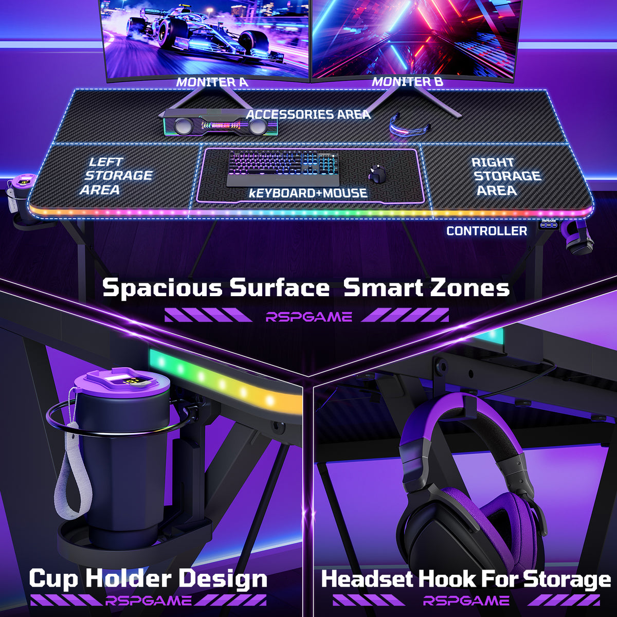 RSPGAME 55" Music Sync Gaming Desk with LED Lights, Gamer Table with Cup Holder & Headphone Hook, X-Shape Home Office PC Computer Desk, Carbon Fiber Black
