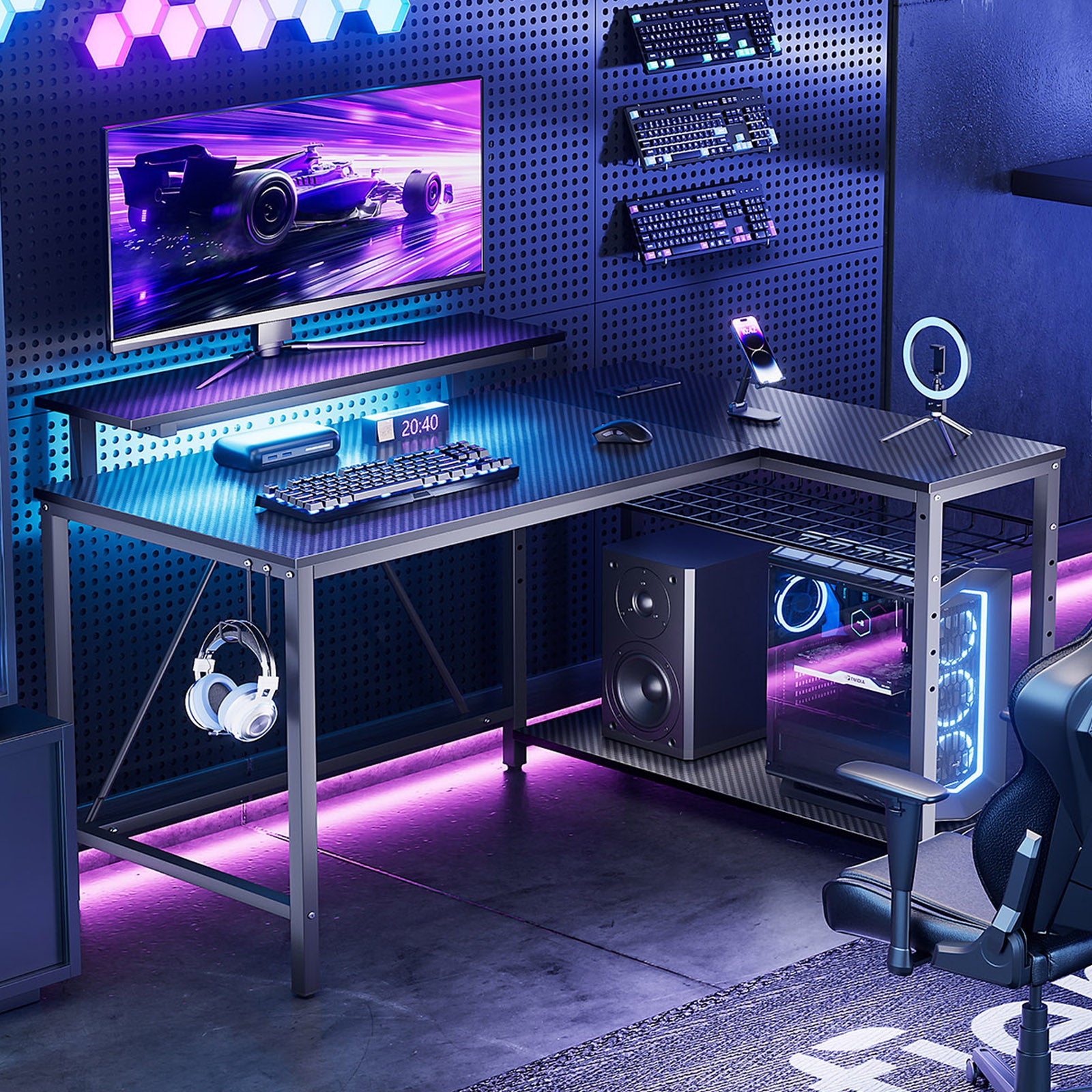 RSPGAME 42" Reversible L-Shaped Gaming Desk: Equipped with Power Outlets, LED Lights, Adjustable Shelves & Hooks for Small Spaces ,Bedrooms & Offices, Carbon Fiber Black