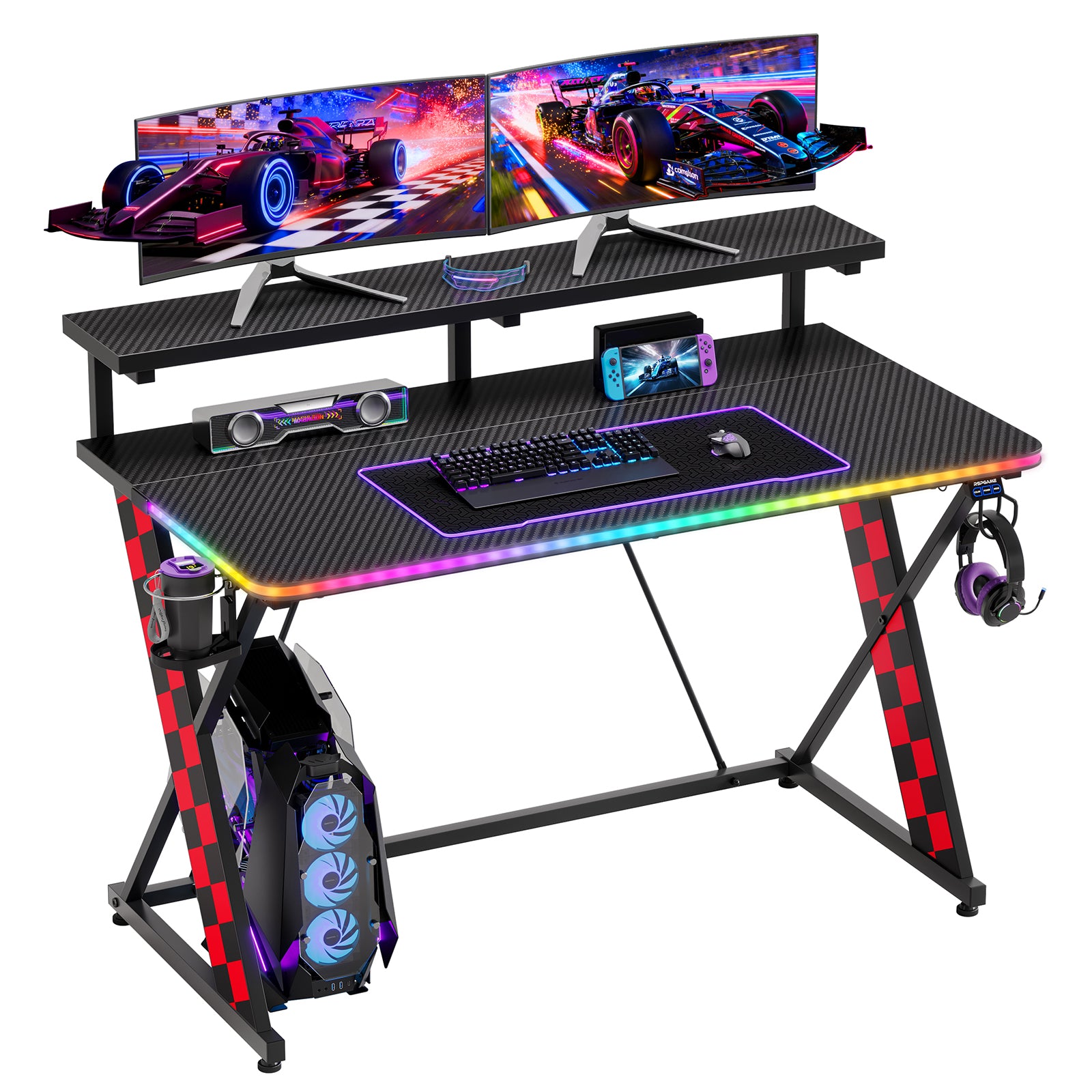 RSPGAME 43" Music Sync Light Gaming Desk PC Computer Black Office Gamer Table Desk with LED Lights & Monitor Stand, Red Racing