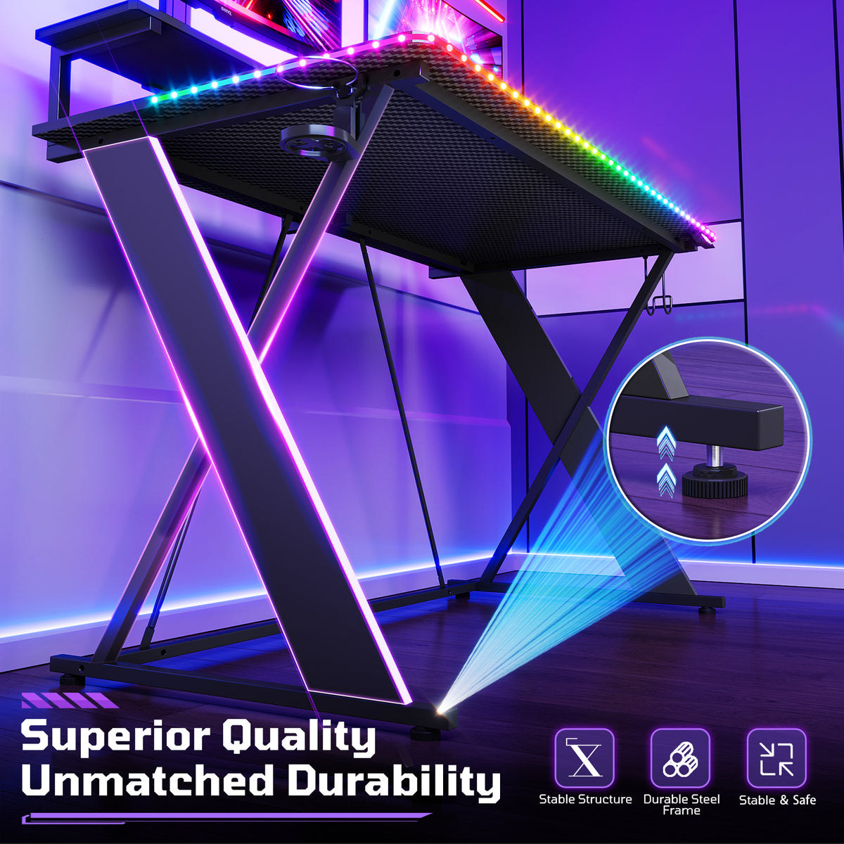 RSPGAME 43" Music Sync LED Gaming Desk,X-Shape Ergonomic Monitor Stand Gamer Table,PC Desk with Dynamic Lighting,Color Changing Office Desks,Black Racing