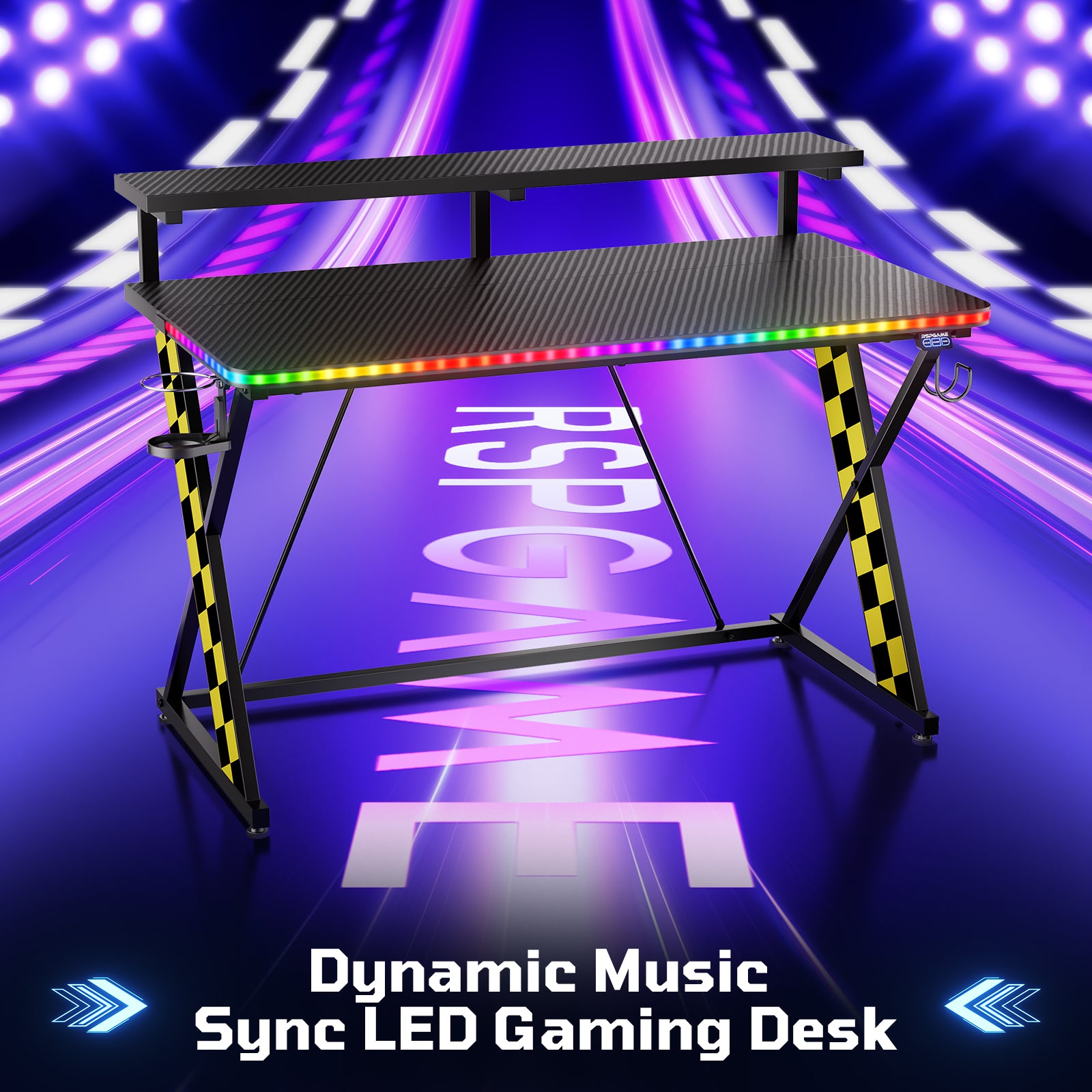 RSPGAME 43" Music Sync Light Gaming Desk PC Computer Black Office Gamer Table Desk with LED Lights & Monitor Stand, Yellow Racing