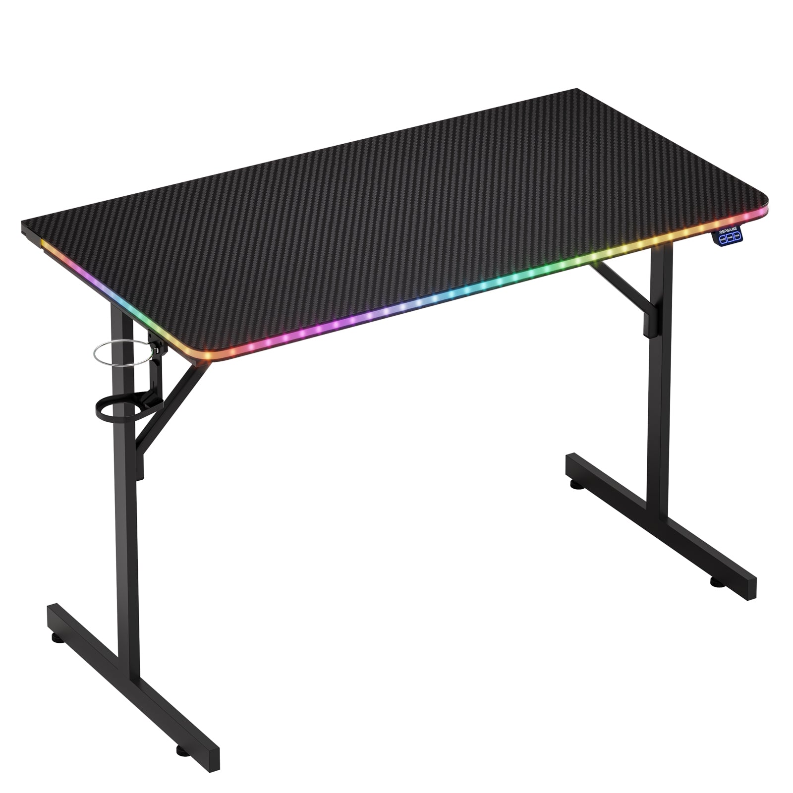 RSPGAME 43.5" Music Sync Gaming Desk, Ergonomic Gamer Table, ,T-Shape PC Computer Desk with RGB Lighting, Carbon Fiber Black