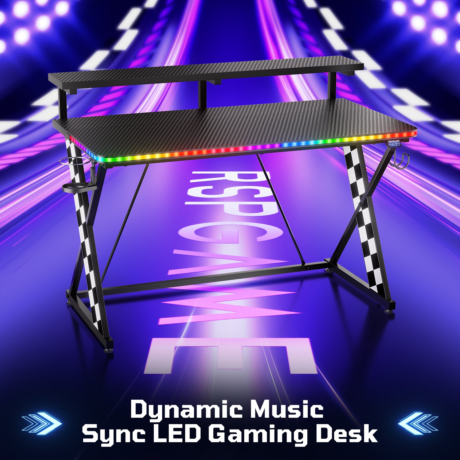 RSPGAME 43" Music Sync Light Gaming Desk PC Computer Black Office Gamer Table Desk with LED Lights & Monitor Stand, White Racing