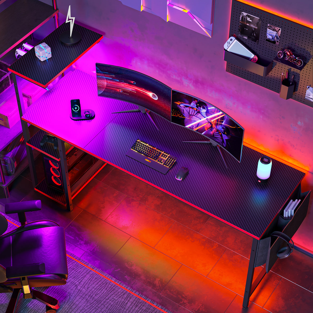 RSPGAME 61-inch Reversible Gaming Desk with PC Shelf, LED Lights, Carbon Fiber Finish