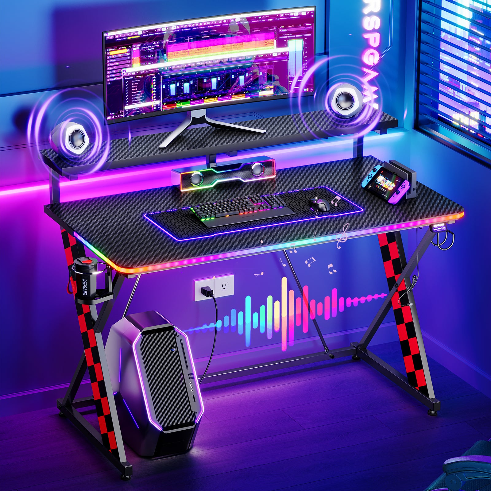 RSPGAME 43" Music Sync Light Gaming Desk PC Computer Black Office Gamer Table Desk with LED Lights & Monitor Stand, Red Racing