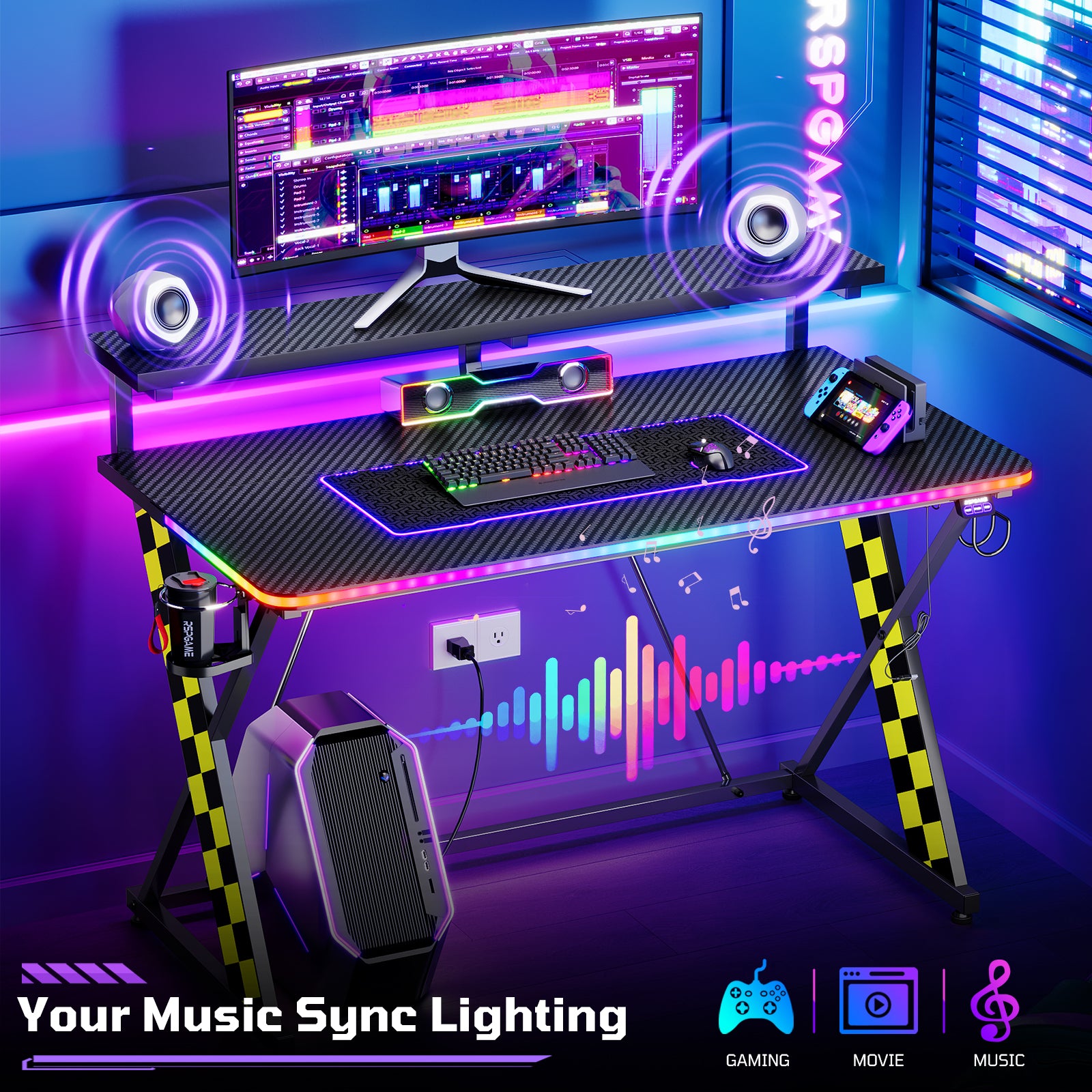 RSPGAME 43" Music Sync Light Gaming Desk PC Computer Black Office Gamer Table Desk with LED Lights & Monitor Stand, Yellow Racing