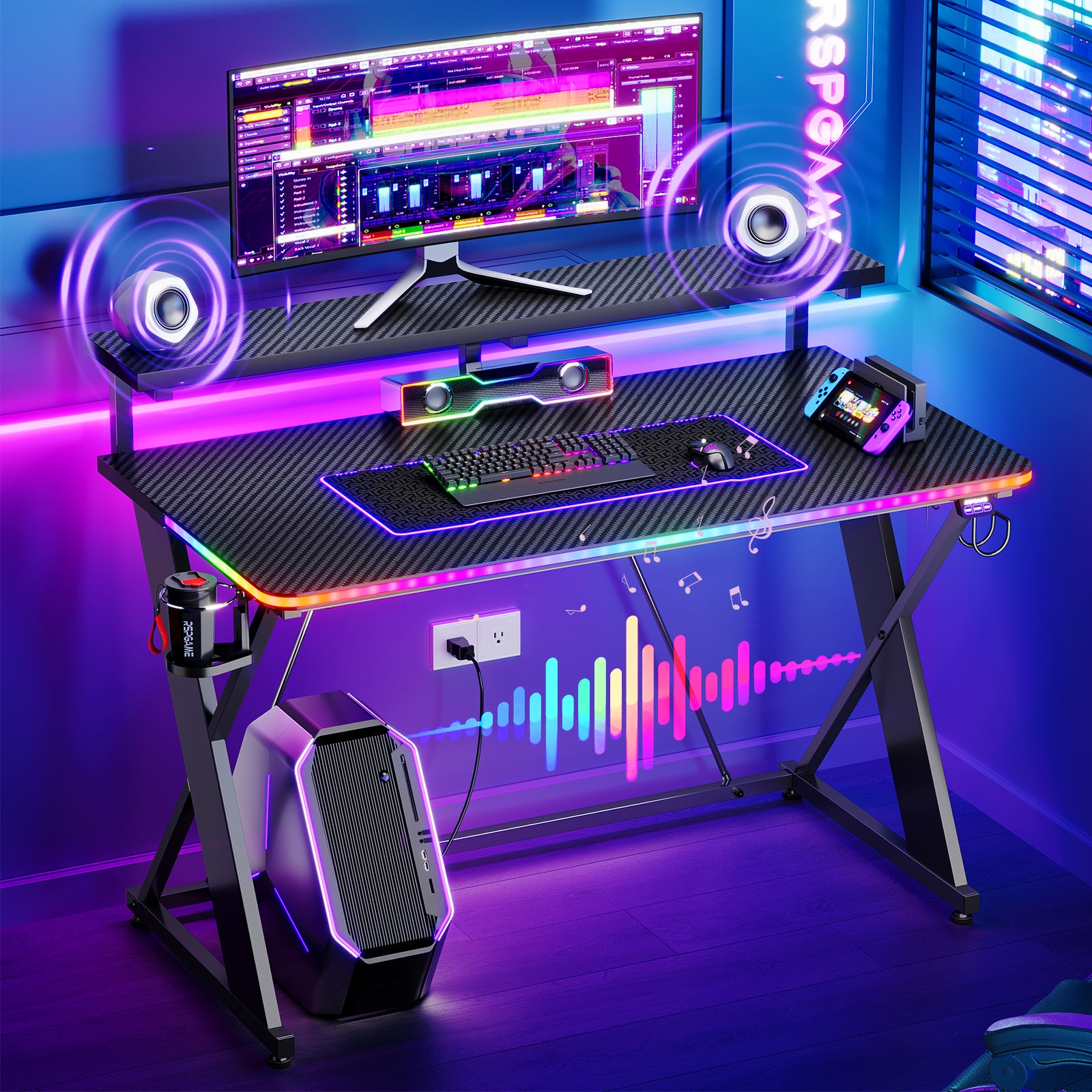 RSPGAME 43" Music Sync LED Gaming Desk,X-Shape Ergonomic Monitor Stand Gamer Table,PC Desk with Cup Holder and PS4/PS5/XBox Controller/Headset Hanger,Black Racing