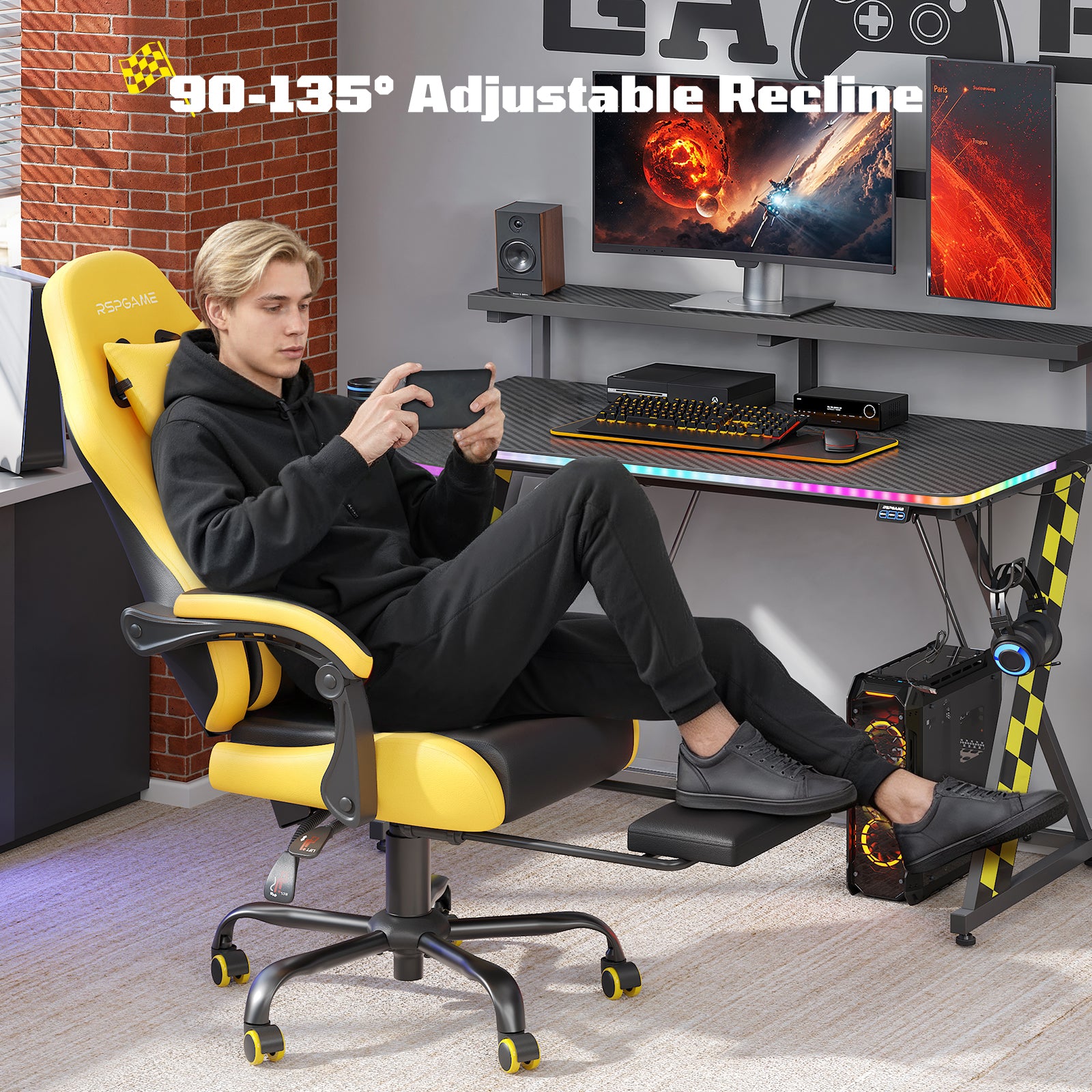 RSPGAME Ergonomic Gaming Chair For Adults,PU Leather Office Chairs with Lumbar Support and Retractable Footrest,Home and Office Computer Chairs-Yellow Racing