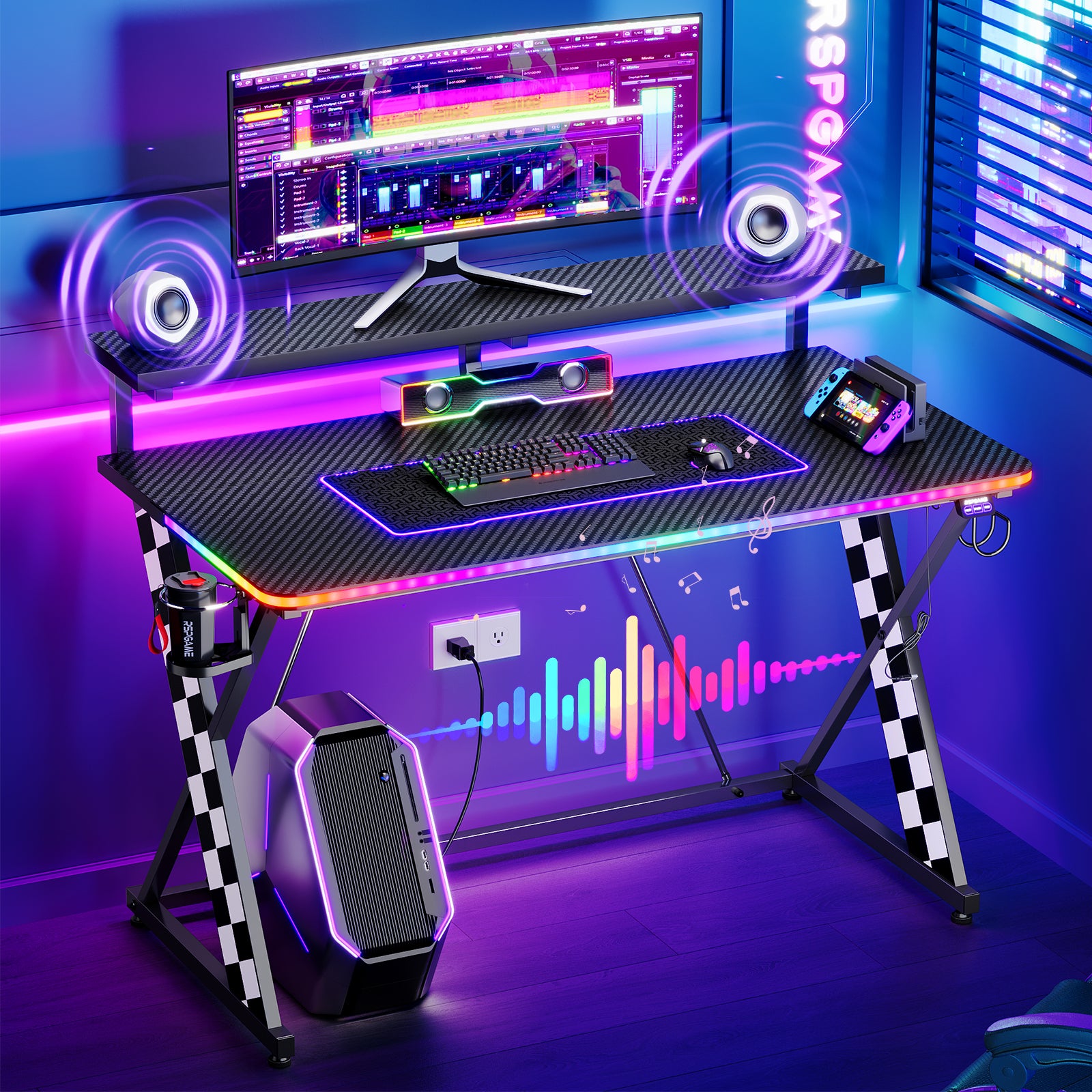 RSPGAME 43" Music Sync Light Gaming Desk PC Computer Black Office Gamer Table Desk with LED Lights & Monitor Stand, White Racing