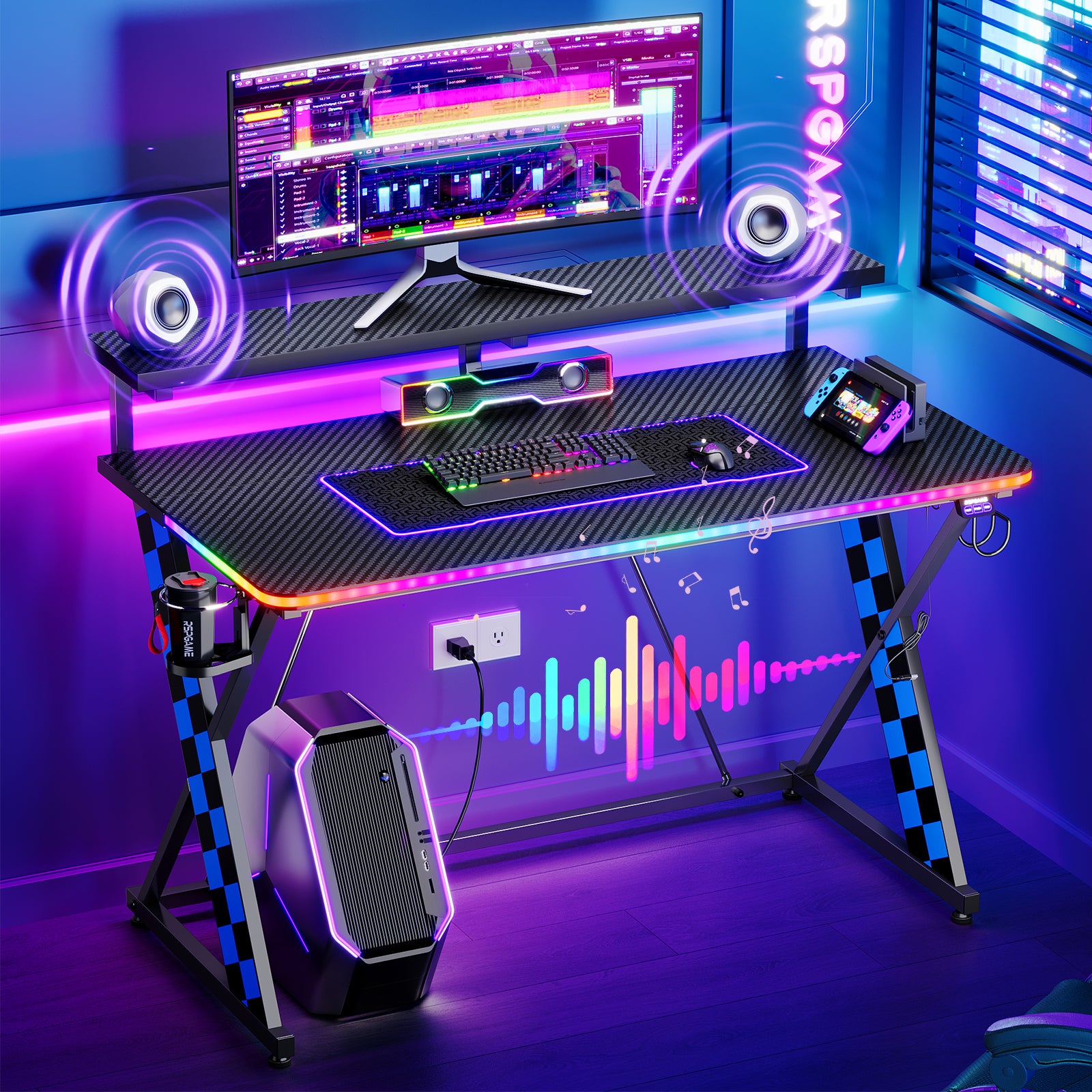RSPGAME 43" Music Sync Light Gaming Desk PC Computer Black Office Gamer Table Desk with LED Lights & Monitor Stand, Blue Racing