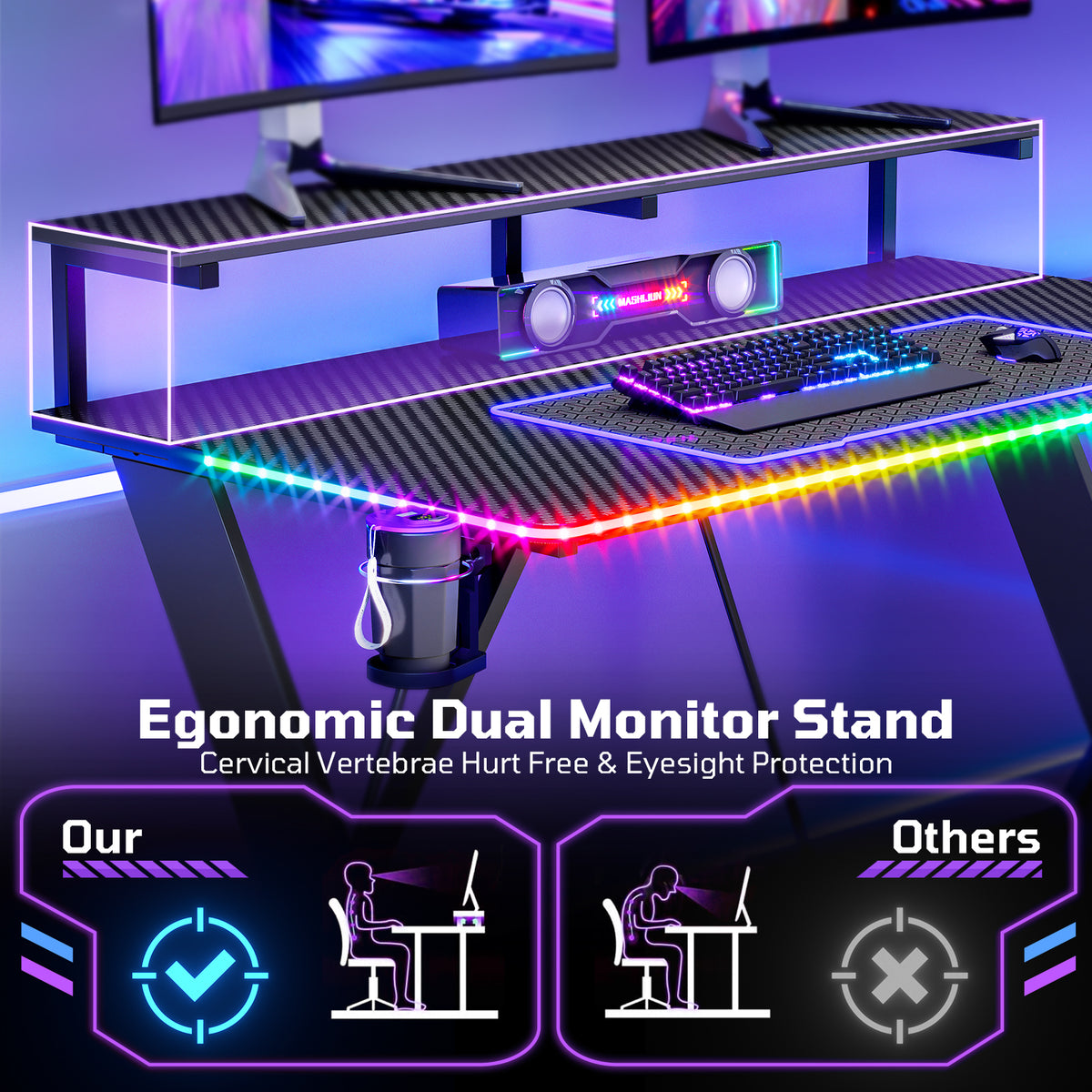 RSPGAME 43" Music Sync LED Gaming Desk,X-Shape Ergonomic Monitor Stand Gamer Table,PC Desk with Dynamic Lighting,Color Changing Office Desks,Black Racing