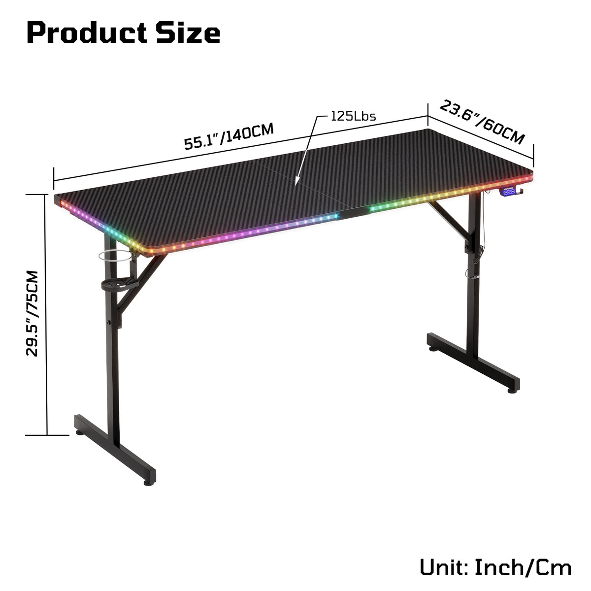 RSPGAME Music-Sync LED Lights Gaming Desk with 7 Colors & 7 Modes 55 inch Stable T-Shaped Legs Computer Table Carbon Fiber