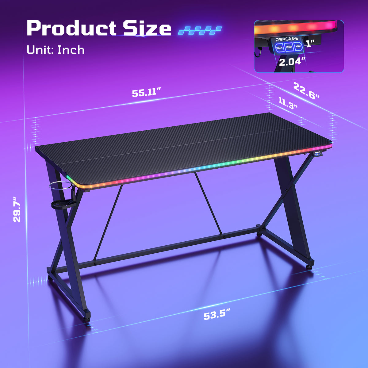 RSPGAME 55" Music Sync Gaming Desk with LED Lights, Gamer Table with Cup Holder & Headphone Hook, X-Shape Home Office PC Computer Desk, Carbon Fiber Black