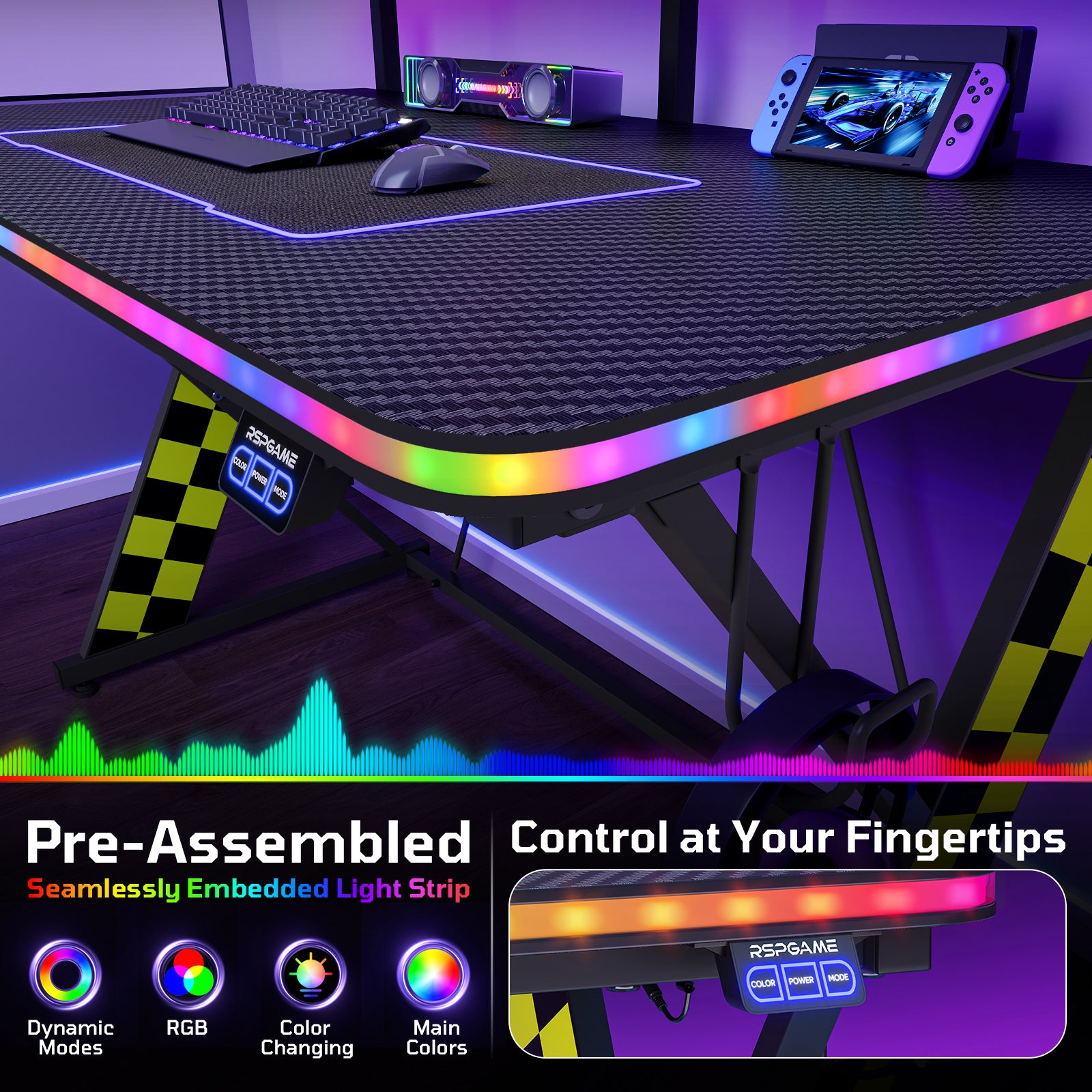 RSPGAME 43" Music Sync Light Gaming Desk PC Computer Black Office Gamer Table Desk with LED Lights & Monitor Stand, Yellow Racing