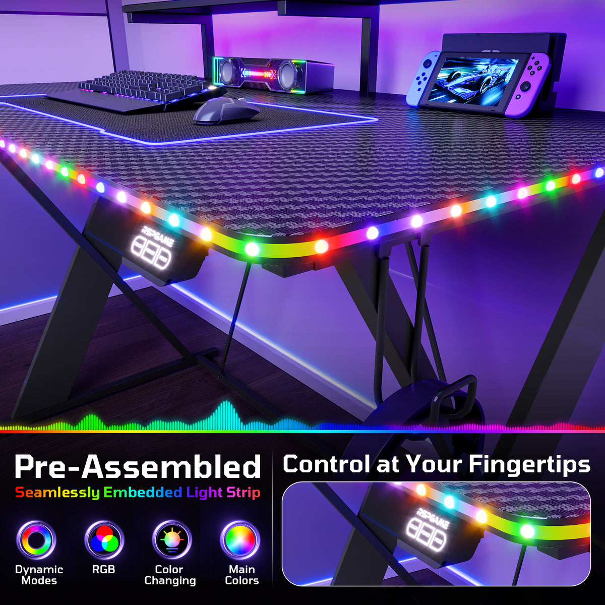 RSPGAME 43" Music Sync LED Gaming Desk,X-Shape Ergonomic Monitor Stand Gamer Table,PC Desk with Dynamic Lighting,Color Changing Office Desks,Black Racing