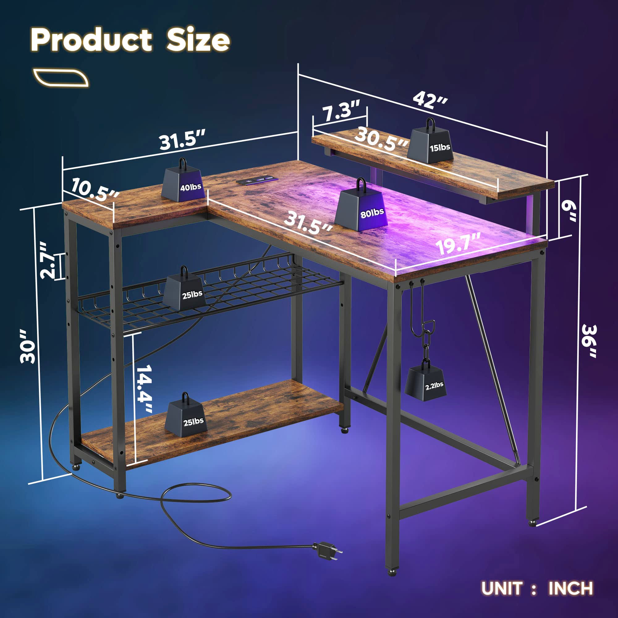 RSPGAME 42" L Shaped Computer Desk with Power Outlets, Home Office Desk with LED Lights & Monitor Stand, Reversible Shelves, Corner Desk for Small Spaces, Bedrooms, Rustic