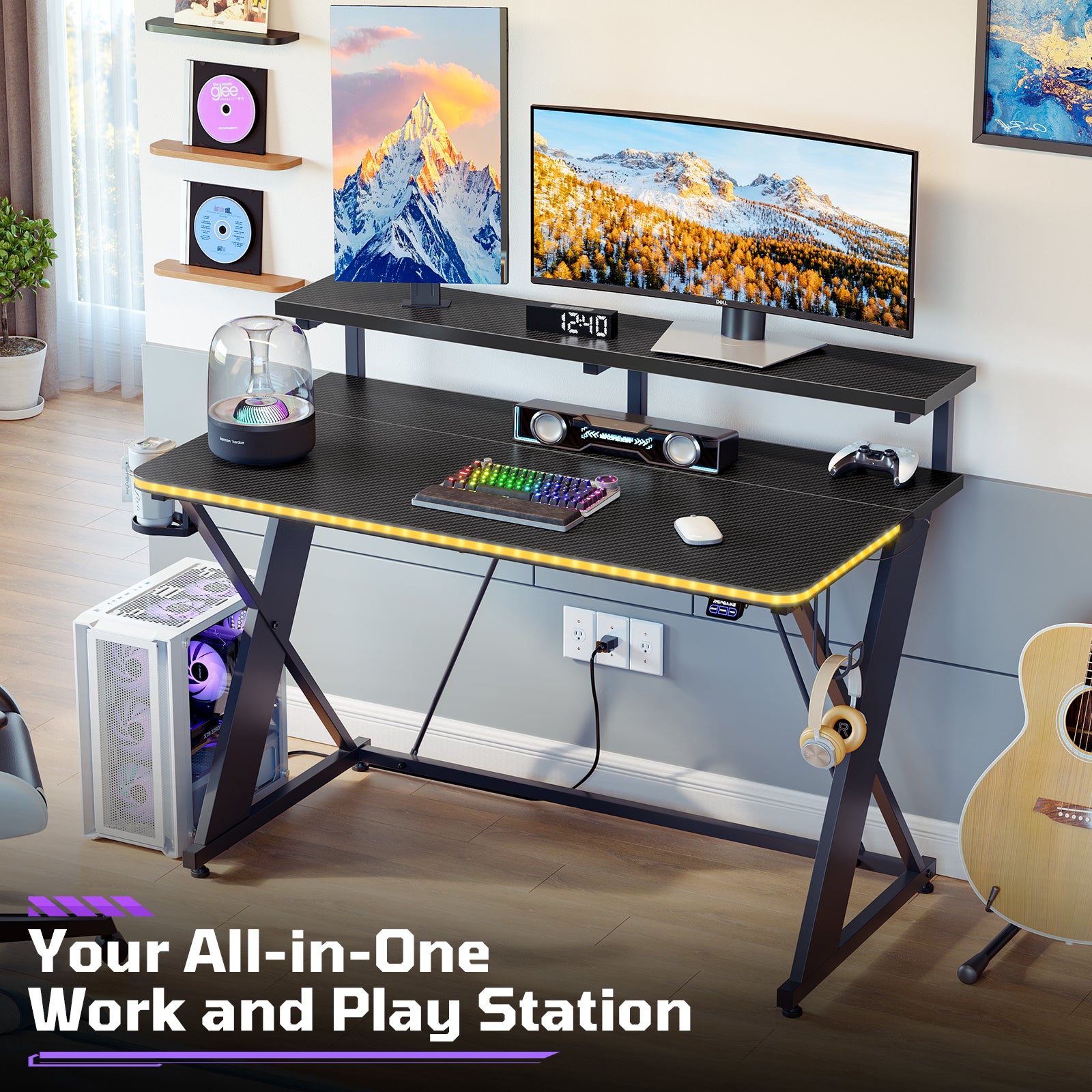 RSPGAME 43" Music Sync LED Gaming Desk,X-Shape Ergonomic Monitor Stand Gamer Table,PC Desk with Cup Holder and PS4/PS5/XBox Controller/Headset Hanger,Black Racing
