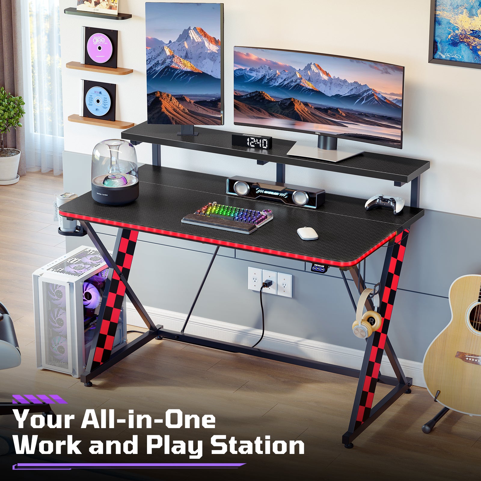 RSPGAME 43" Music Sync Light Gaming Desk PC Computer Black Office Gamer Table Desk with LED Lights & Monitor Stand, Red Racing