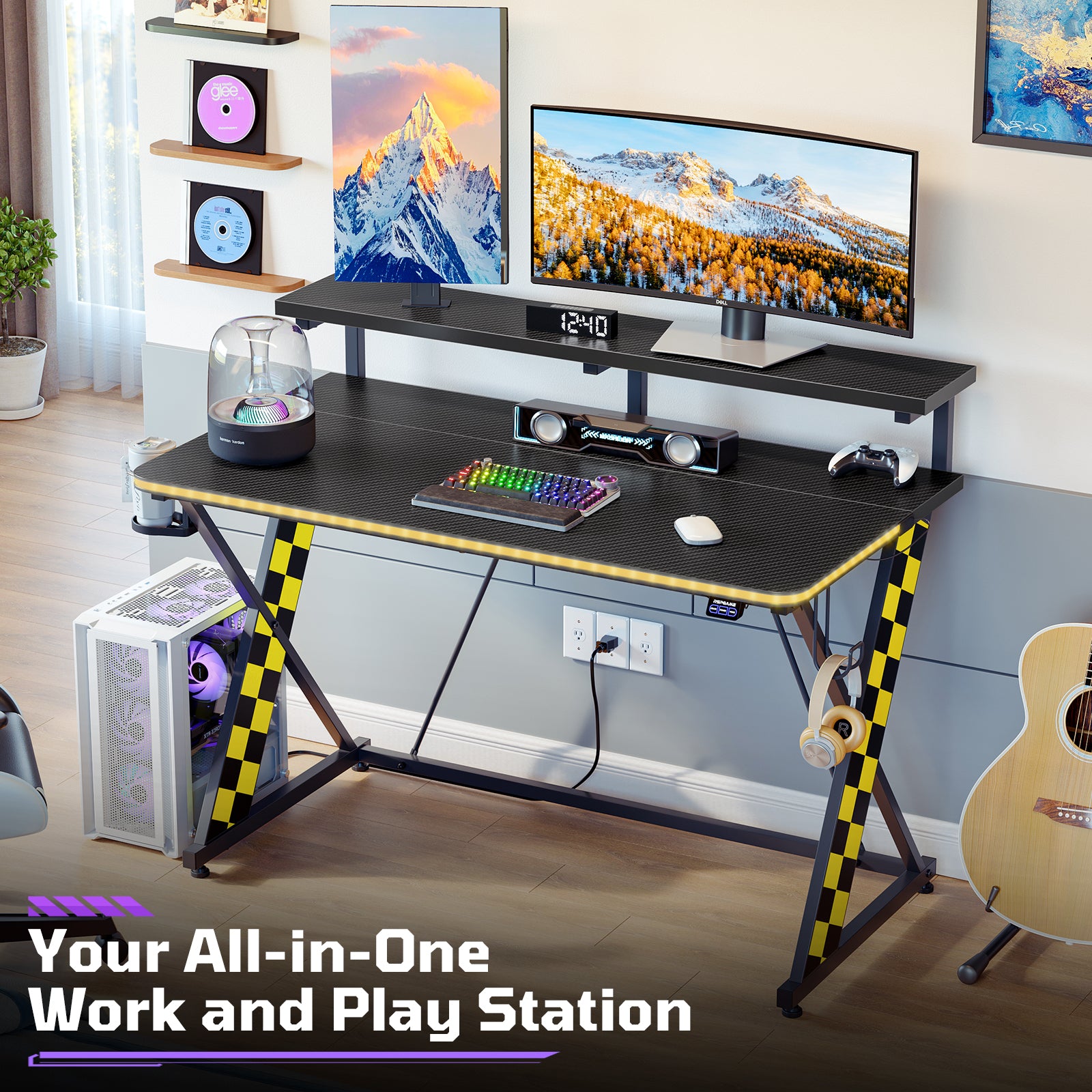 RSPGAME 43" Music Sync Light Gaming Desk PC Computer Black Office Gamer Table Desk with LED Lights & Monitor Stand, Yellow Racing