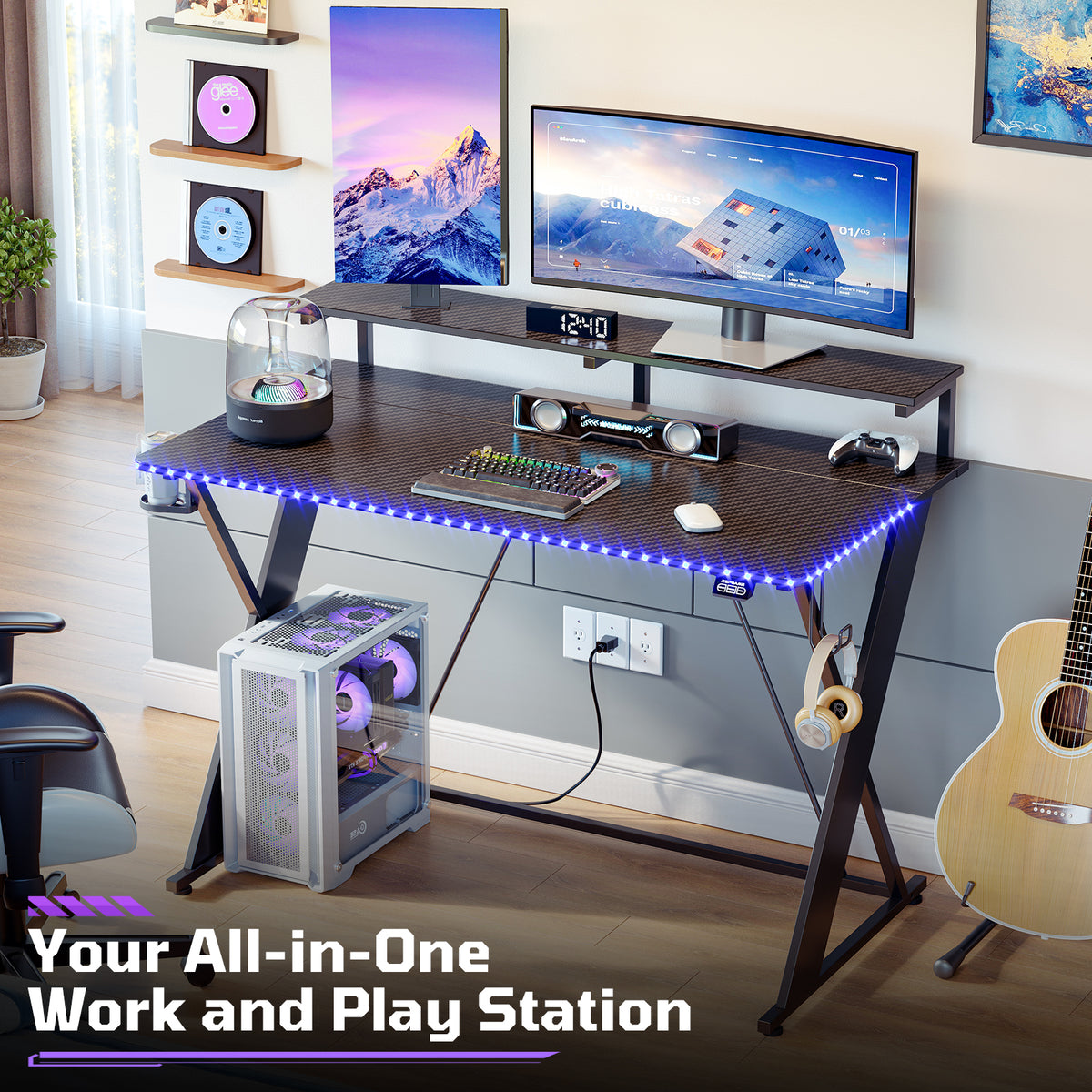 RSPGAME 43" Music Sync LED Gaming Desk,X-Shape Ergonomic Monitor Stand Gamer Table,PC Desk with Dynamic Lighting,Color Changing Office Desks,Black Racing