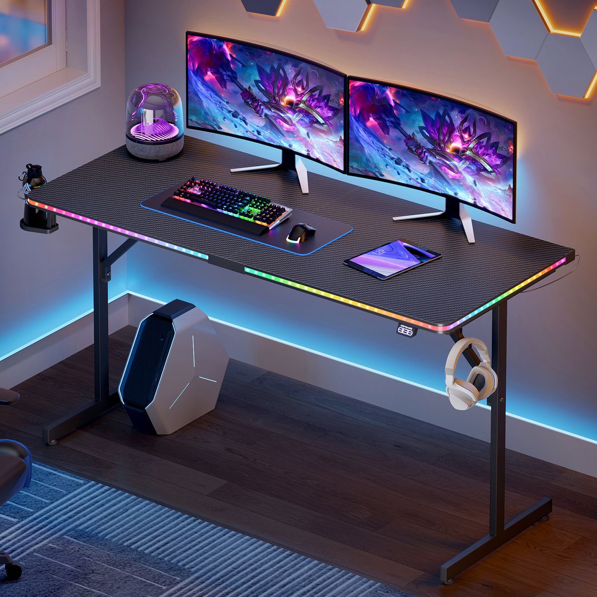 RSPGAME Music-Sync LED Lights Gaming Desk with 7 Colors & 7 Modes 55 inch Stable T-Shaped Legs Computer Table Carbon Fiber