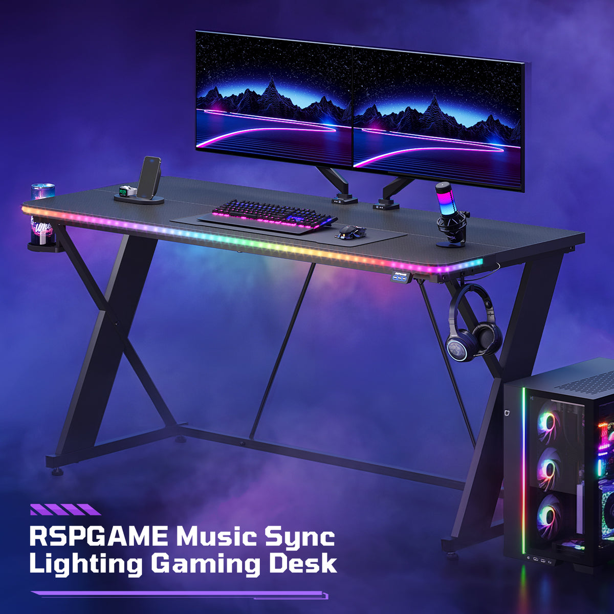 RSPGAME 55" Music Sync Gaming Desk with LED Lights, Gamer Table with Cup Holder & Headphone Hook, X-Shape Home Office PC Computer Desk, Carbon Fiber Black