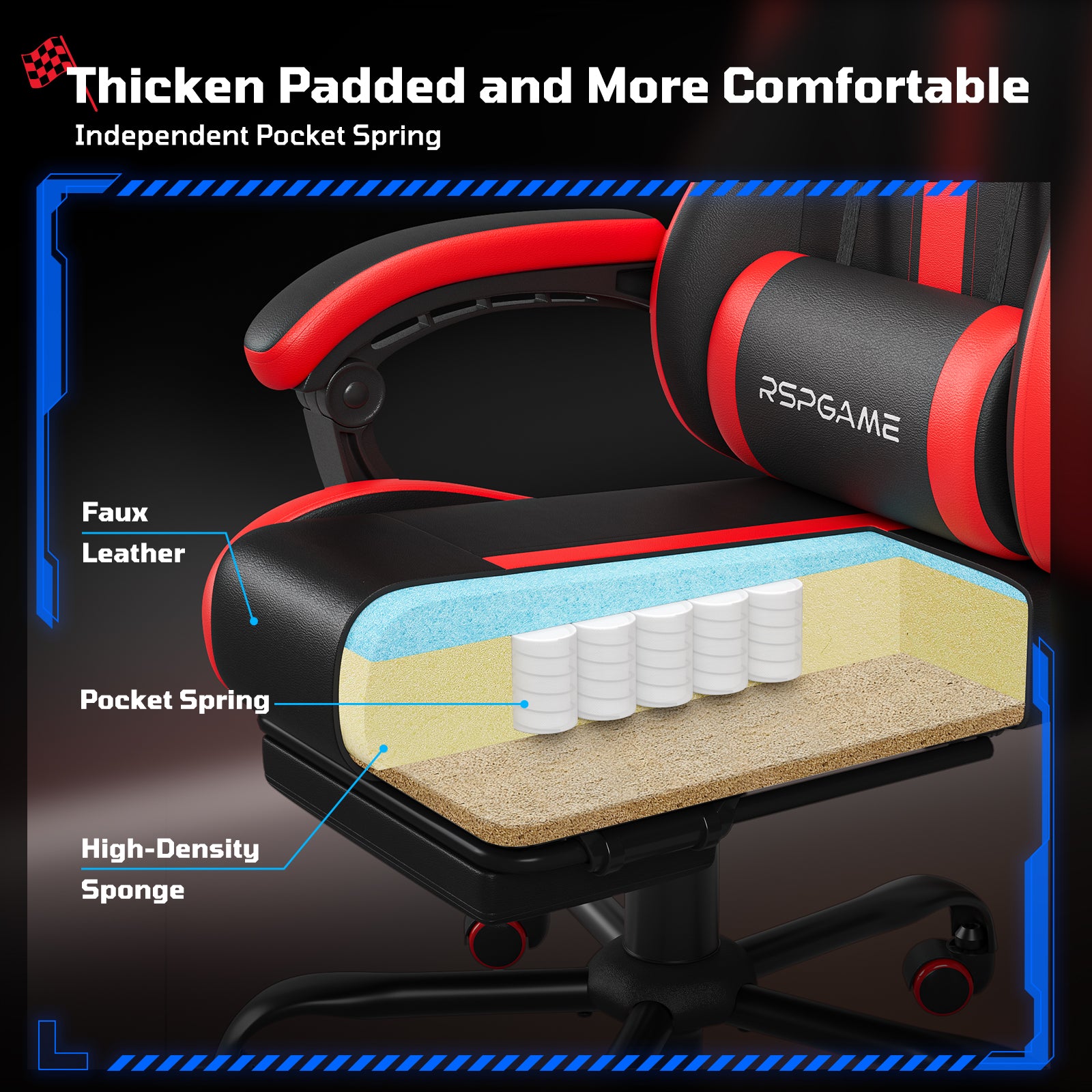 RSPGame Ergonomic Gaming Chairs for Adults,Pocket Spring Cushion,PU Leather Office Chairs with Lumbar Support and Retractable Footrest,Home and Office Computer Chairs-Red Racing