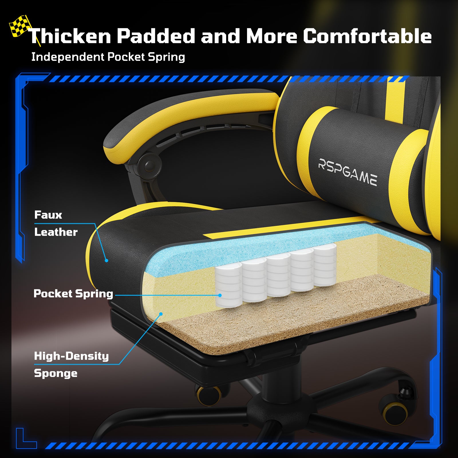 RSPGAME Ergonomic Gaming Chair For Adults,PU Leather Office Chairs with Lumbar Support and Retractable Footrest,Home and Office Computer Chairs-Yellow Racing