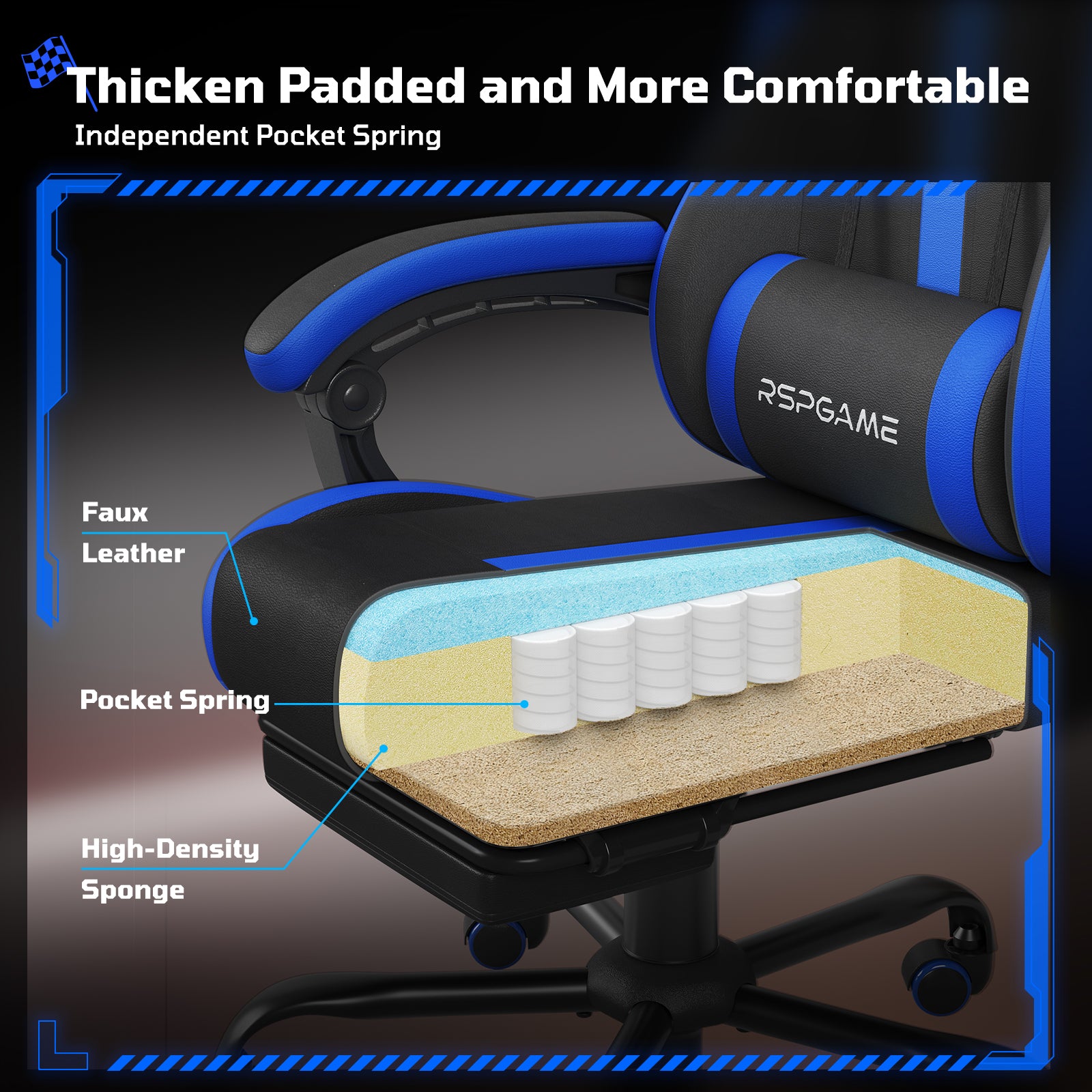 RSPGame Ergonomic Gaming Chairs for Adults,Pocket Spring Cushion,PU Leather Office Chairs with Lumbar Support and Retractable Footrest,Home and Office Computer Chairs-Blue Racing