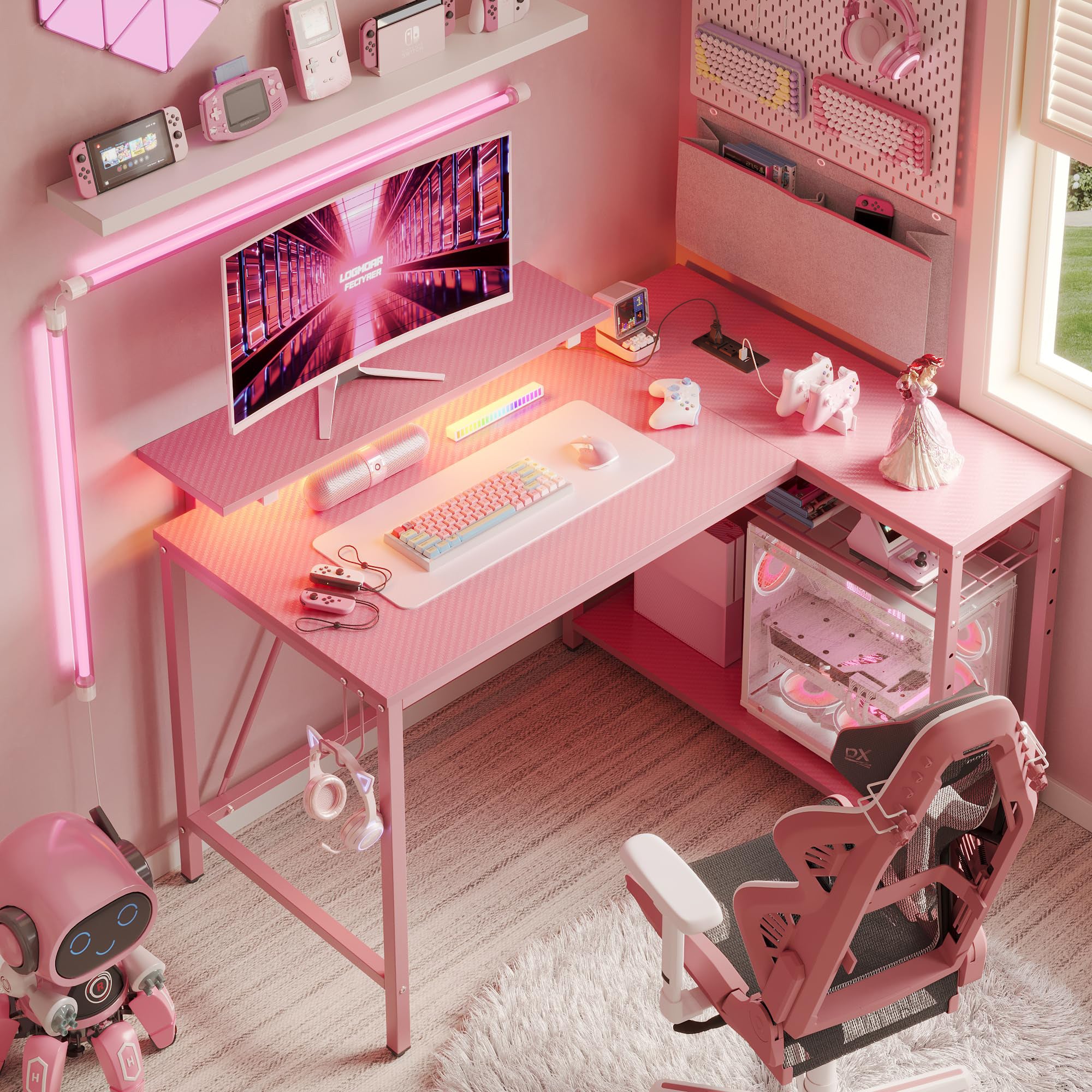 RSPGAME 42" L Shaped Computer Desk with Power Outlets, Corner Office Desk with LED Lights & Monitor Stand, Reversible Shelves, Corner Desk for Small Spaces ,Bedrooms & Home, Carbon Fiber Pink