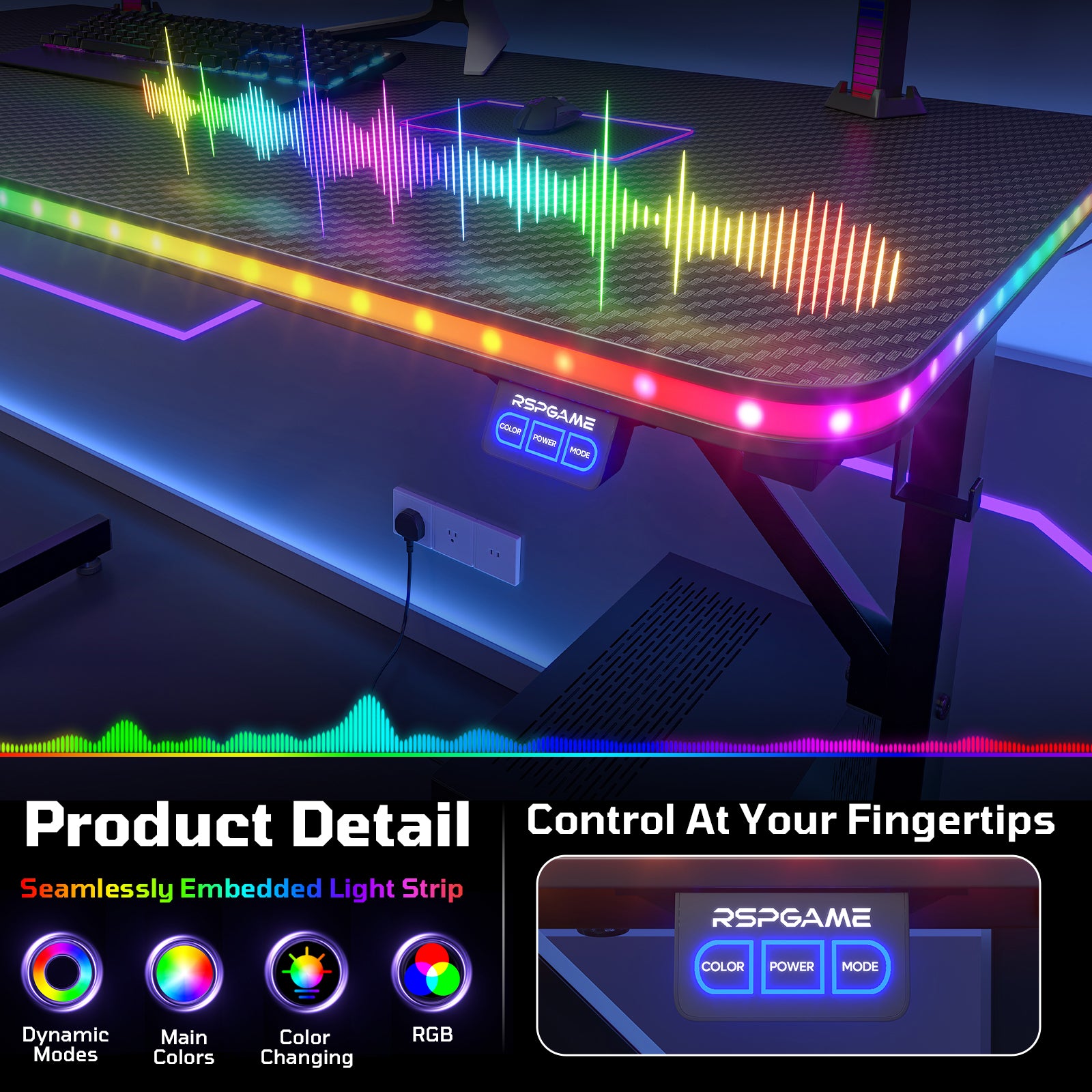 RSPGAME 43.5" Music Sync Gaming Desk, Ergonomic Gamer Table, ,T-Shape PC Computer Desk with RGB Lighting, Carbon Fiber Black