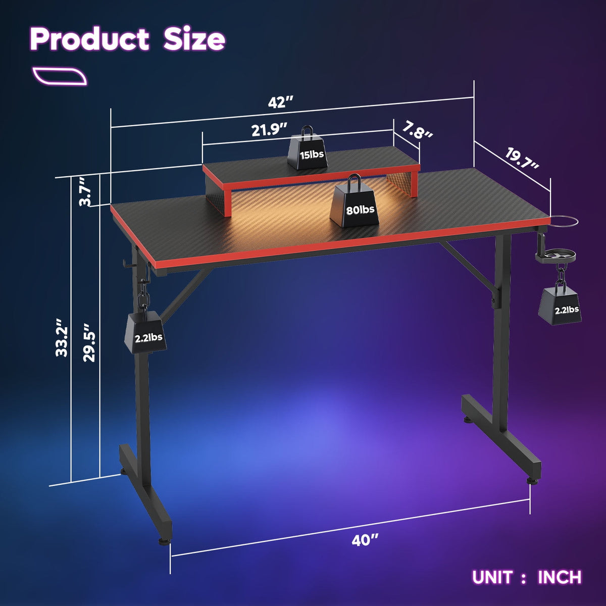Bestier 42-inch Gaming Desk with LED Lights Monitor Stand and Accessories in Red