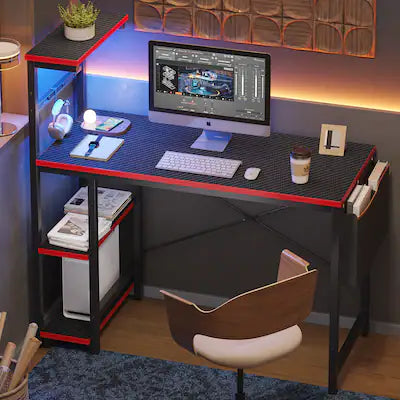 Bestier Computer Gaming PC Desk 44 inch Gamer Table with LED Lights, Reversible 4 Tier Storage Shelves Carbon Fiber