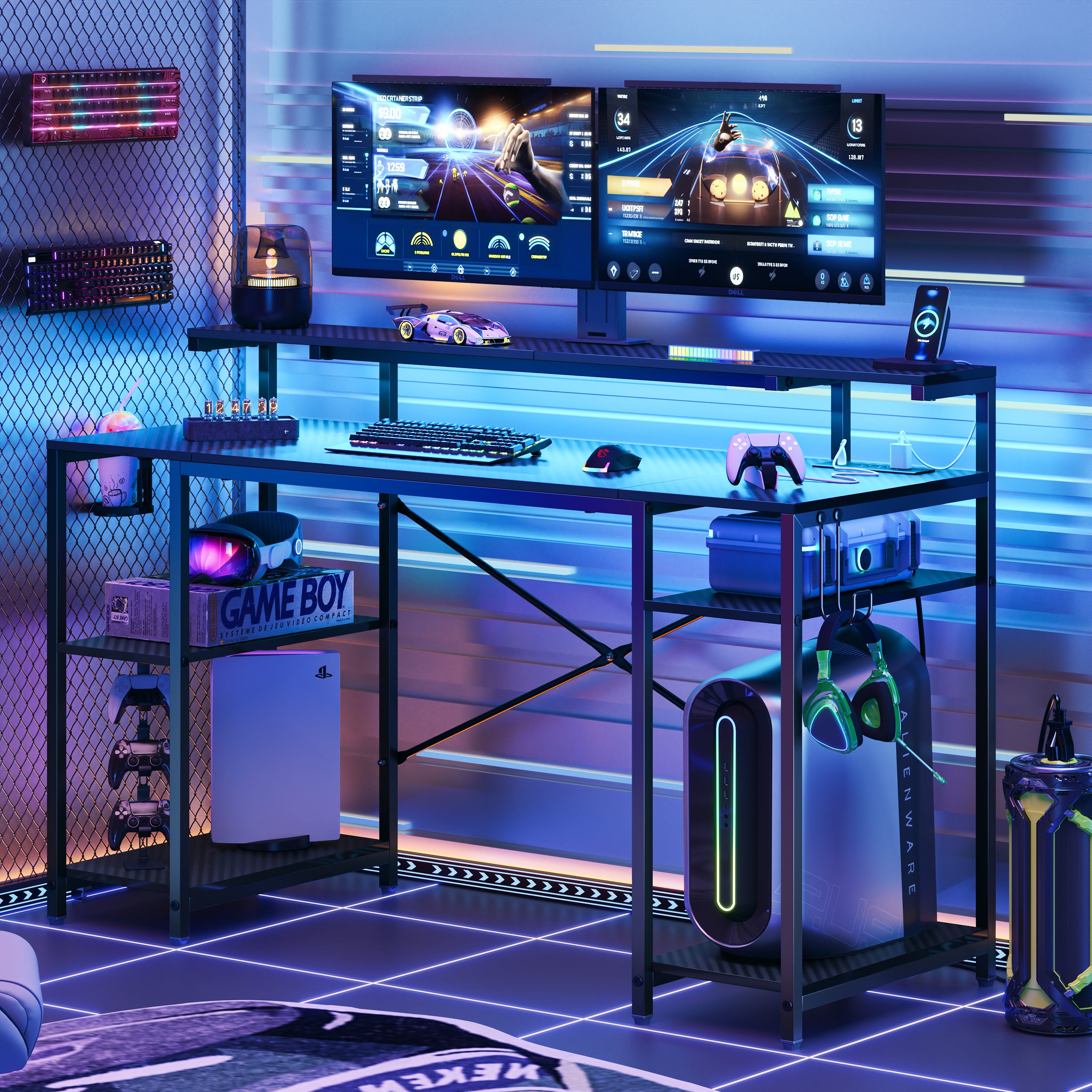 "Bestier 55"" Gaming Desk with Power Outlets, LED Light & Monitor Stand, Multiple Setup Desktop, Black Carbon Fiber"