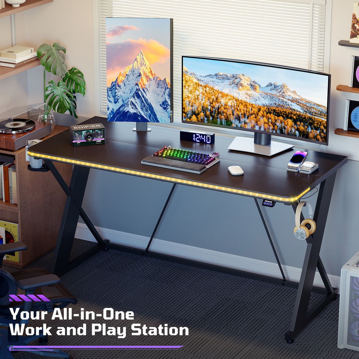 RSPGAME 43" Music Sync Gaming Desk with LED Lights, Gamer Table with Cup Holder & Headphone Hook, X-Shape Home Office PC Computer Desk, Carbon Fiber Black