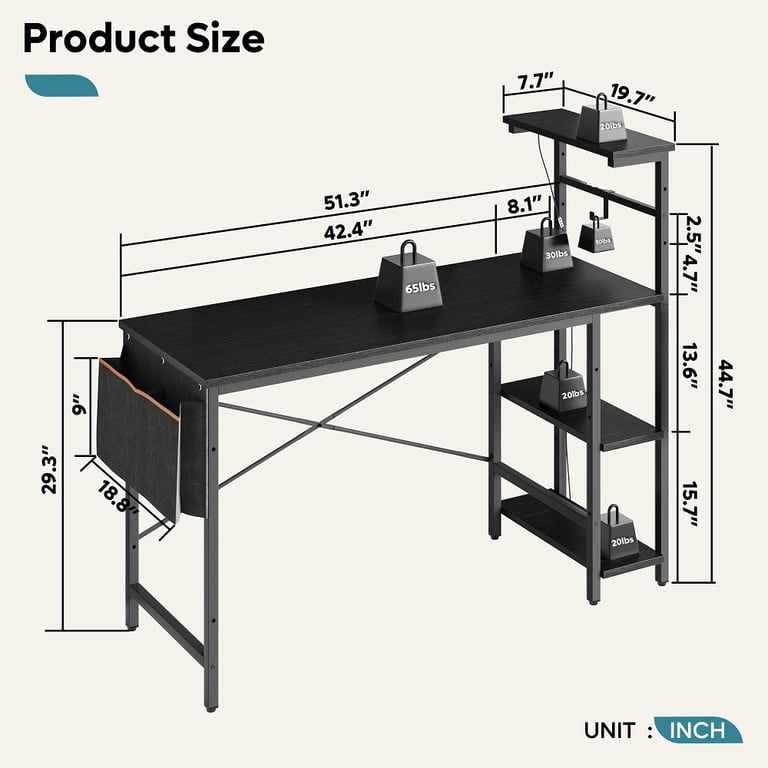 Bestier 52 inch Office Gaming Desk with LED Lights, Shelves & Storage, Black - image 2