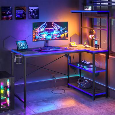 RSPGAME 51" LED Gaming Desk with Power Outlets, L Shaped Reversible Computer Desk with Strorage Shelves PC Table for Home…