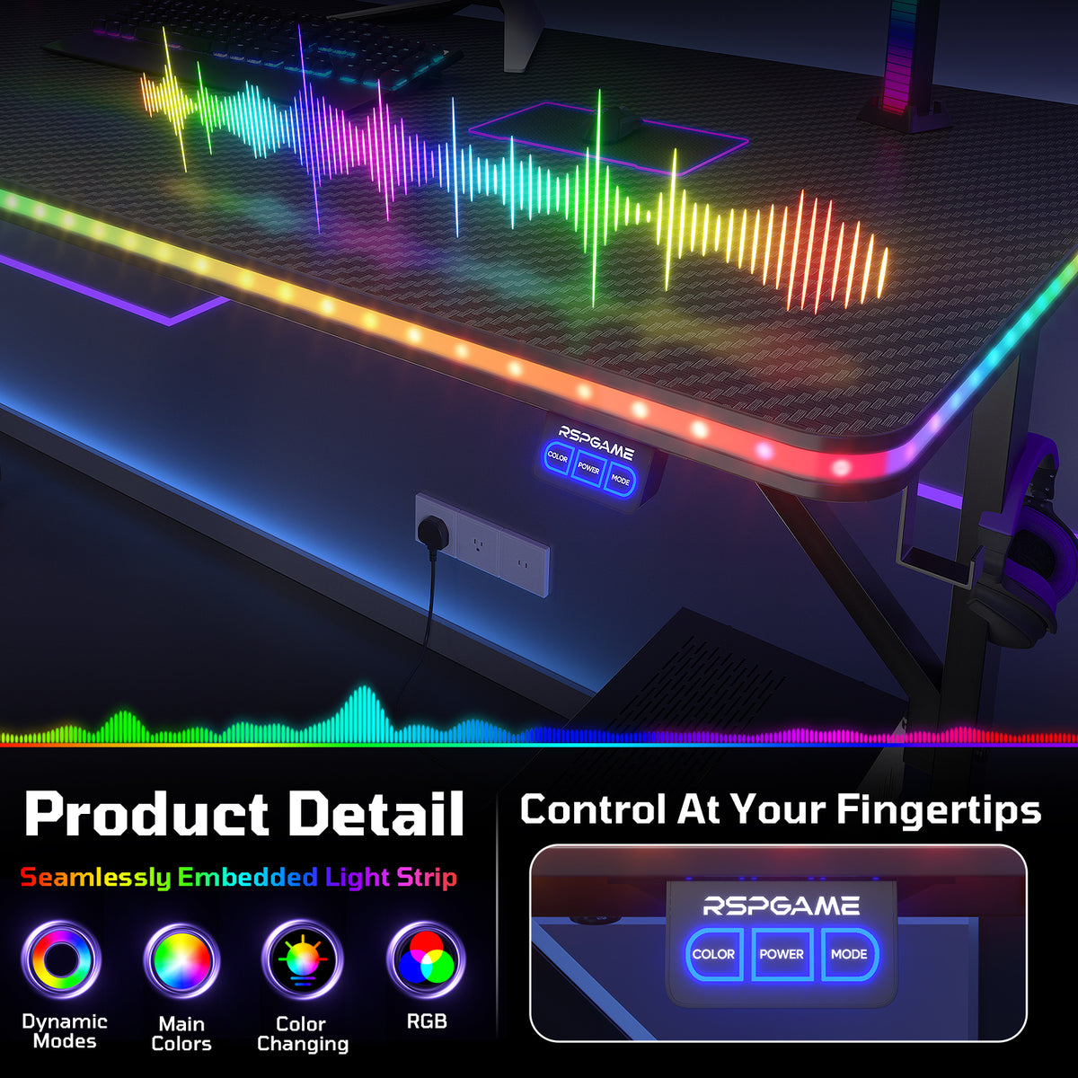 RSPGAME Music-Sync LED Lights Gaming Desk with 7 Colors & 7 Modes 55 inch Stable T-Shaped Legs Computer Table Carbon Fiber