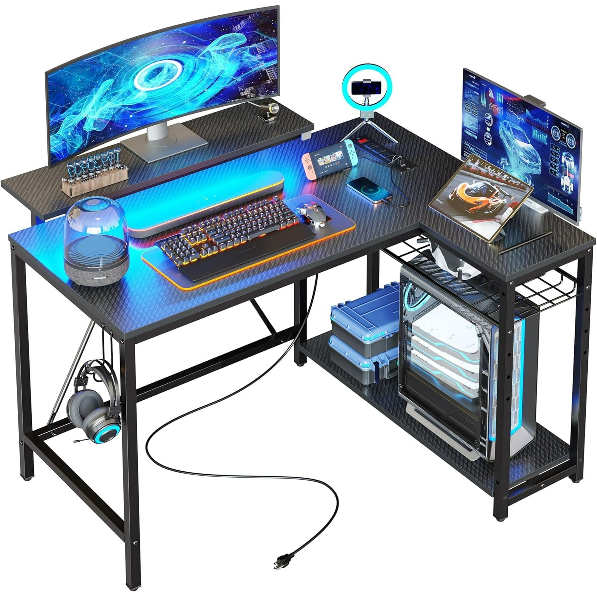 Bestier 51 L Shaped Gaming Desk with Power Outlets, LED Workstation