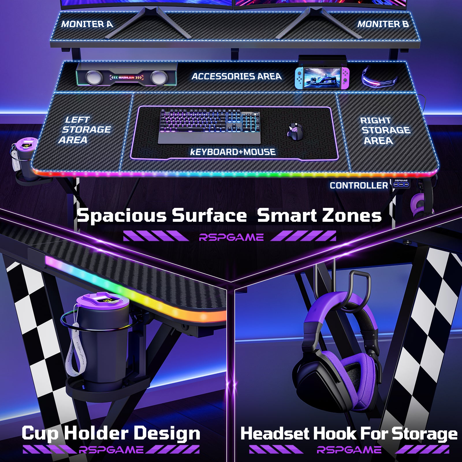 RSPGAME 43" Music Sync Light Gaming Desk PC Computer Black Office Gamer Table Desk with LED Lights & Monitor Stand, White Racing