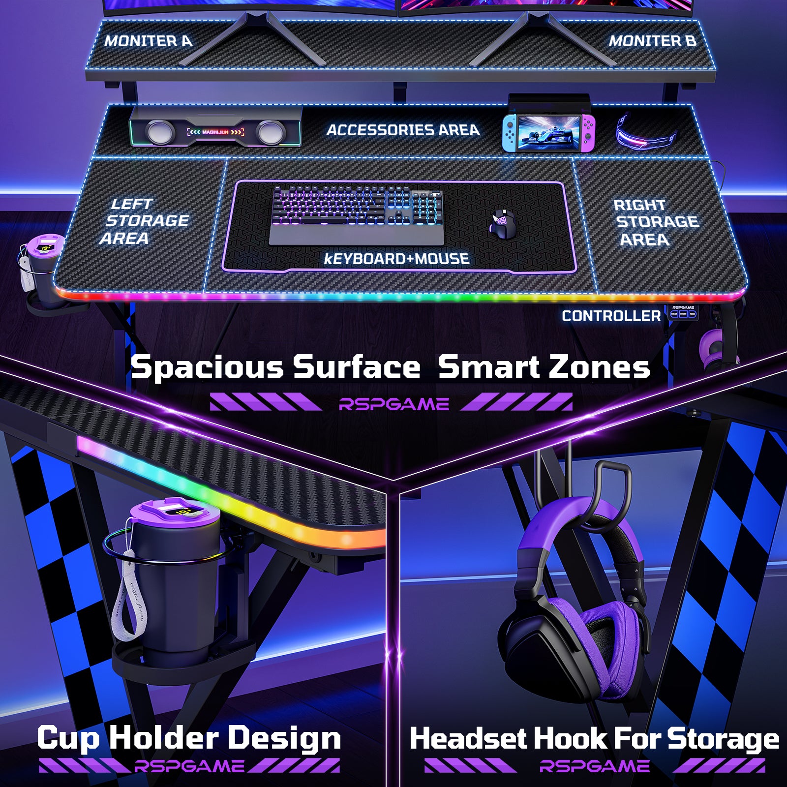 RSPGAME 43" Music Sync Light Gaming Desk PC Computer Black Office Gamer Table Desk with LED Lights & Monitor Stand, Blue Racing