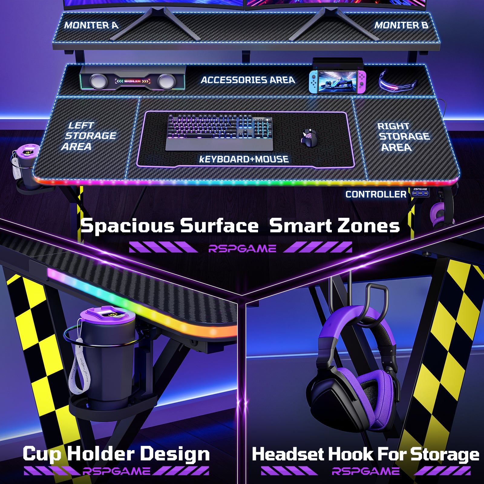 RSPGAME 43" Music Sync Light Gaming Desk PC Computer Black Office Gamer Table Desk with LED Lights & Monitor Stand, Yellow Racing