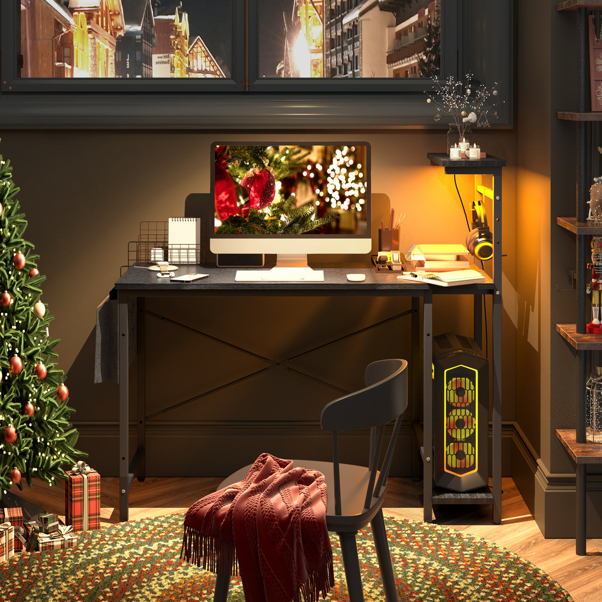 RSPGAME LED Gamer Desk, Gray, with Outlets & USB Ports, Storage Shelves, Carbon Fiber