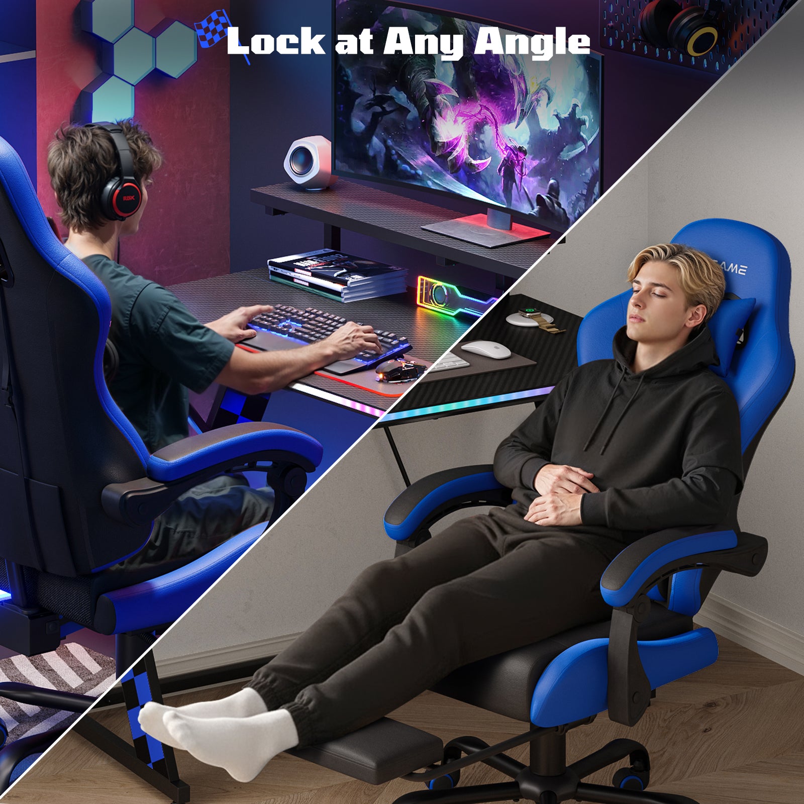 RSPGame Ergonomic Gaming Chairs for Adults,Pocket Spring Cushion,PU Leather Office Chairs with Lumbar Support and Retractable Footrest,Home and Office Computer Chairs-Blue Racing