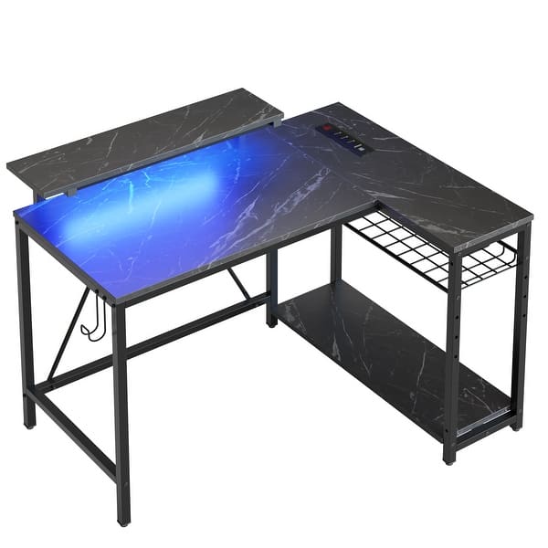 Bestier 42" Reversible L-Shaped Gaming Desk with Power Outlets, LED Lights, Monitor Stand & Headset Hooks for Small Spaces,…