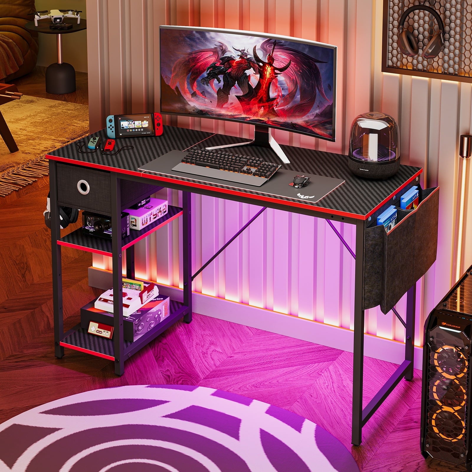 Bestier 48-Inch LED Gaming Desk with Adjustable Shelf and Storage Drawer, Black