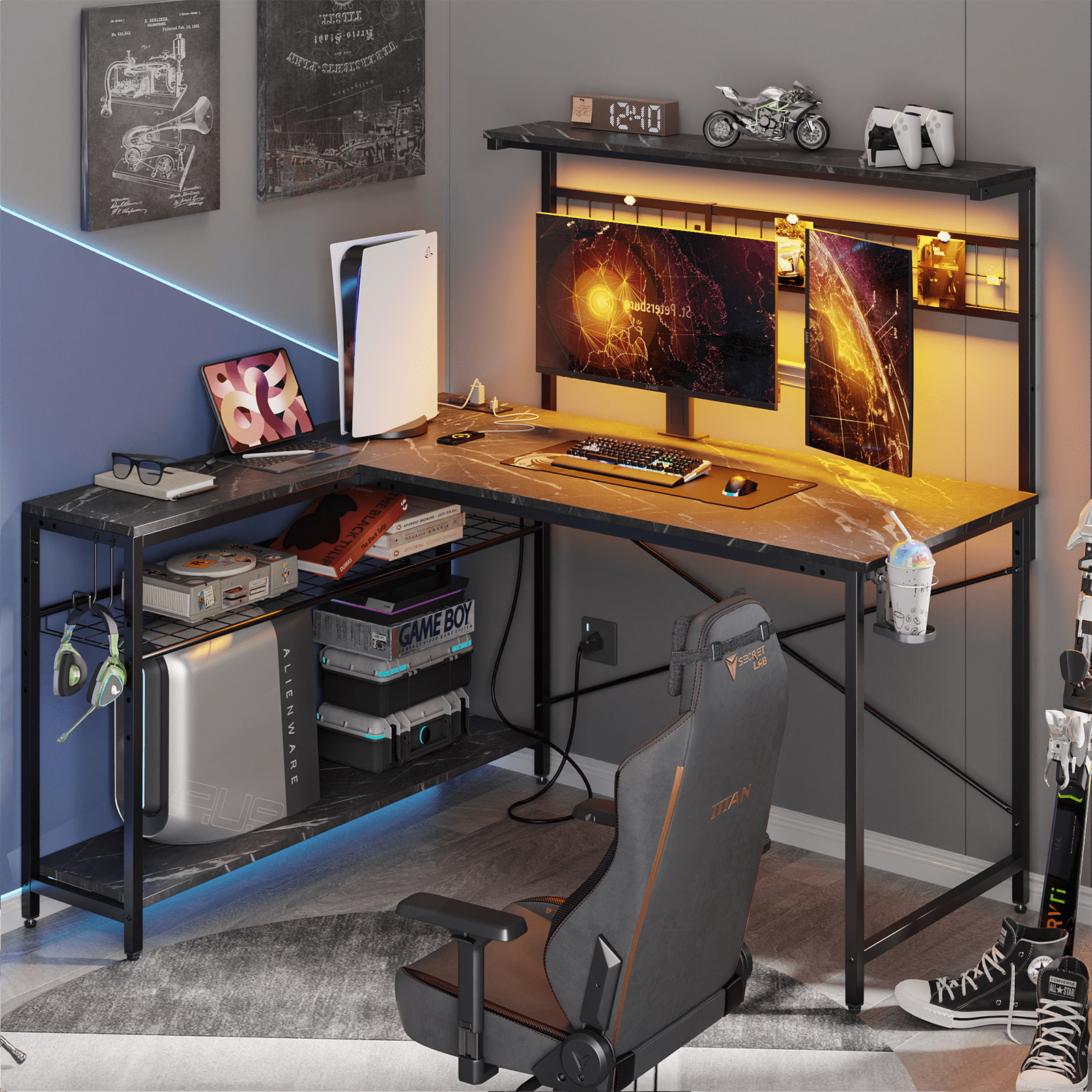 Bestier 51 L-Shaped Desk with Power Outlets, LED Lights, 4-Tier Shelves, Hooks, Cup Holder, Black Marble