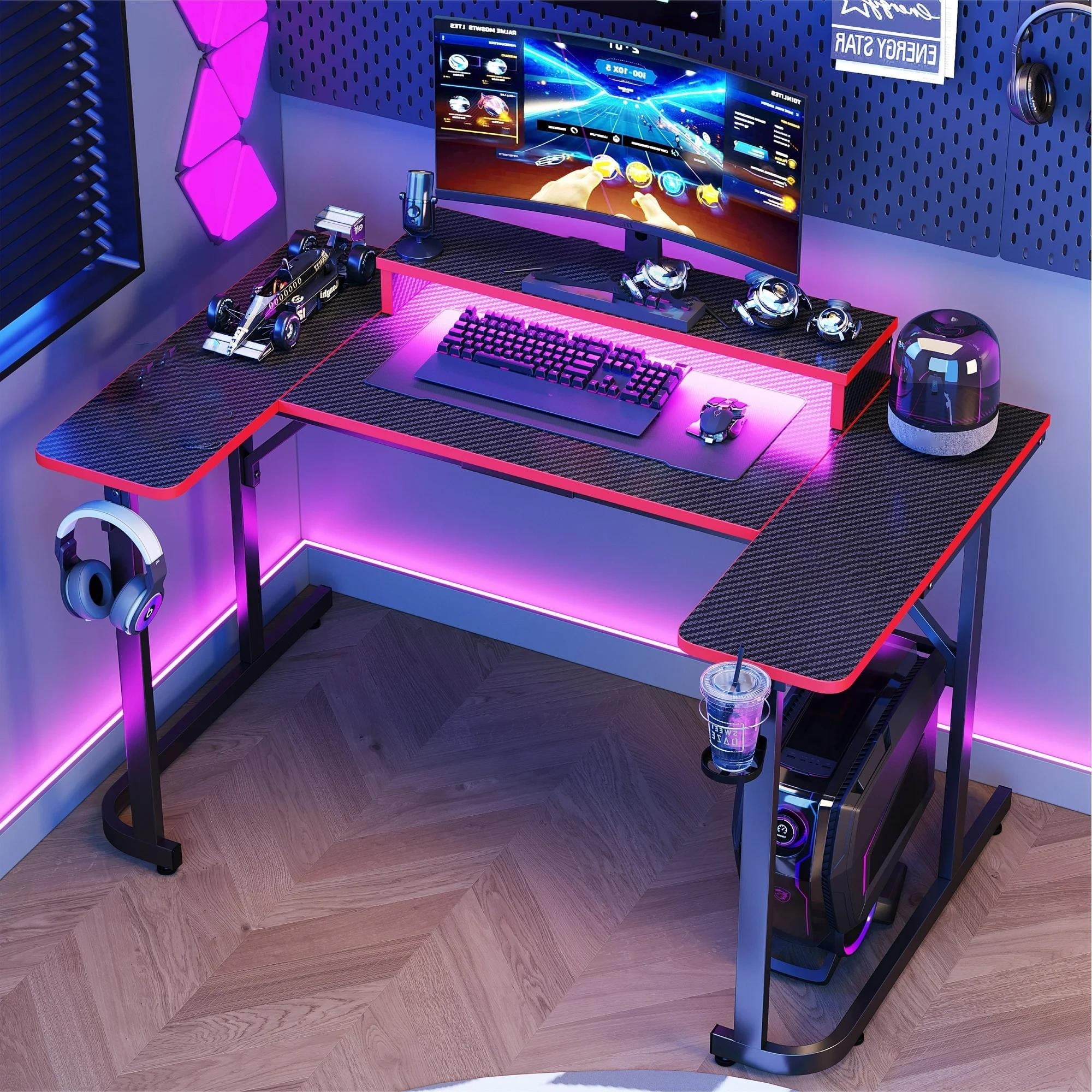 Bestier 51 inch Gaming Desk with LED Lights, U-Shaped Computer Desk with Monitor Stand, Hooks and Cup Holder, Home Office…