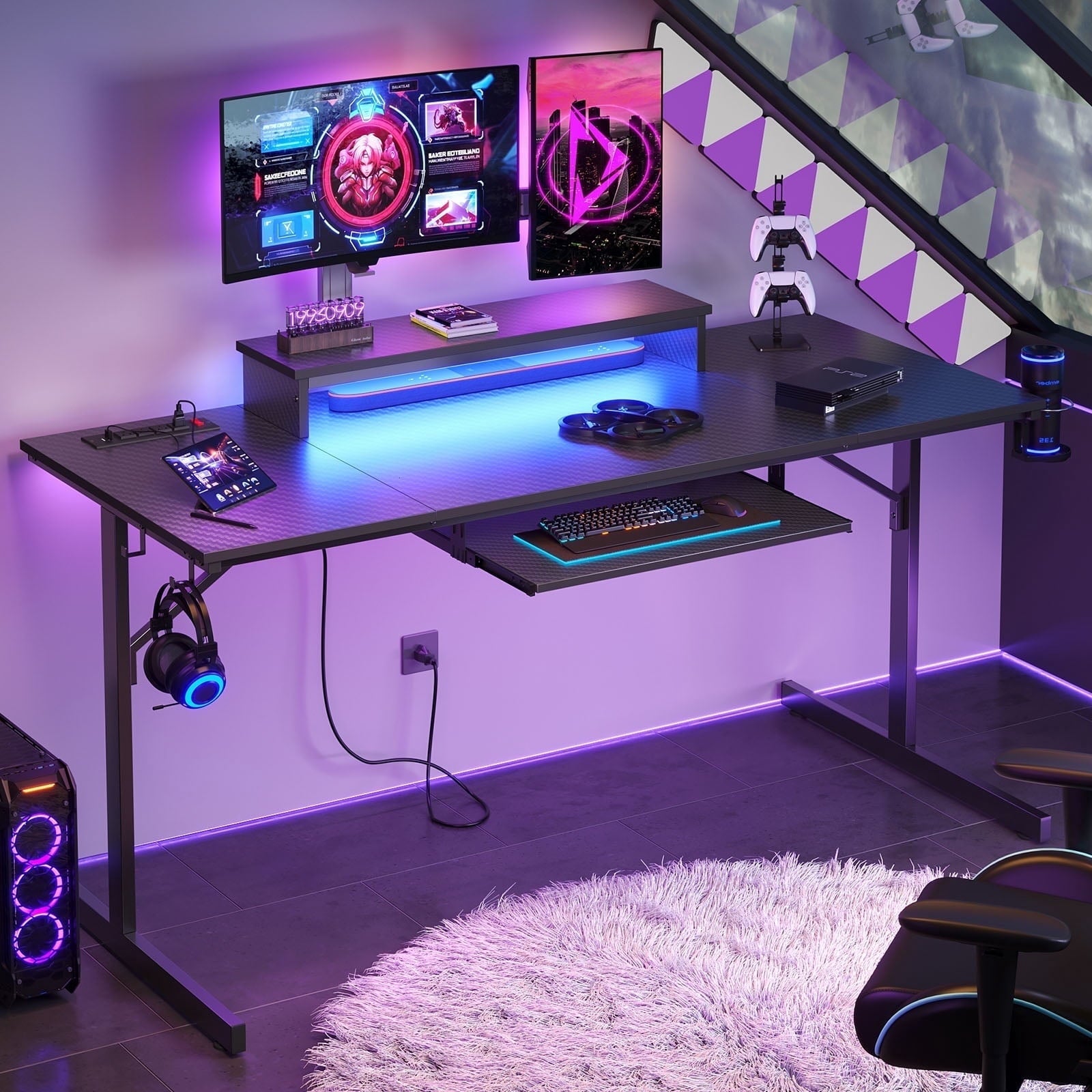 Bestier 58" Gaming Desk with LED Lights and Power Outlet